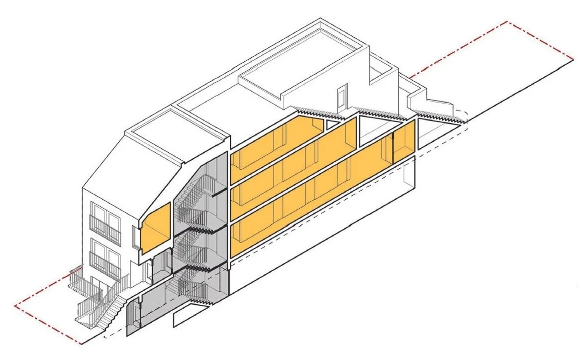 Architectural isometric drawing of a multi-story building with interior walls highlighted in orange, showing staircases and room layouts.