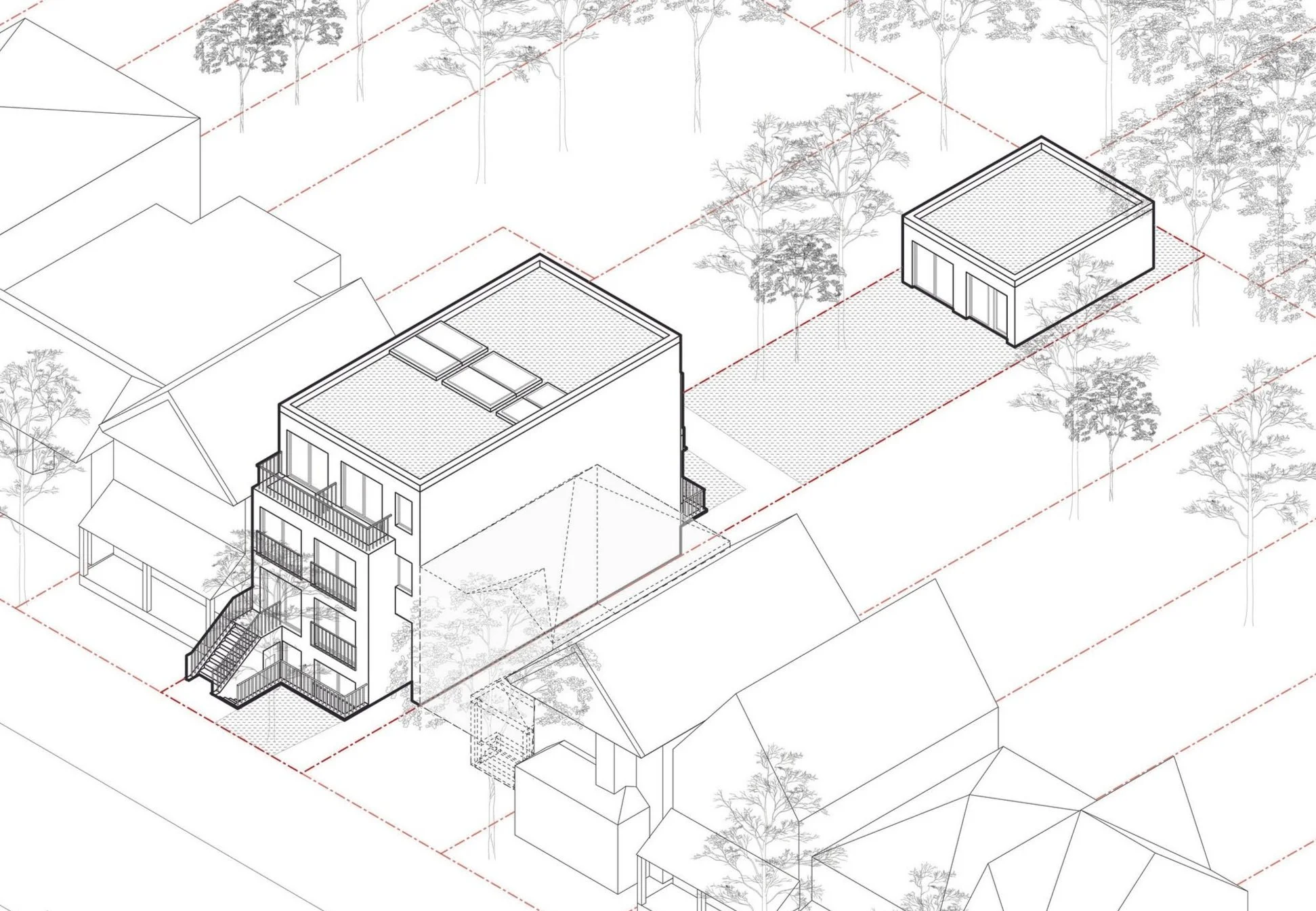 An architectural sketch of a modern multi-story residential building with balconies, a rooftop terrace, and surrounding trees and structures on a grid layout.