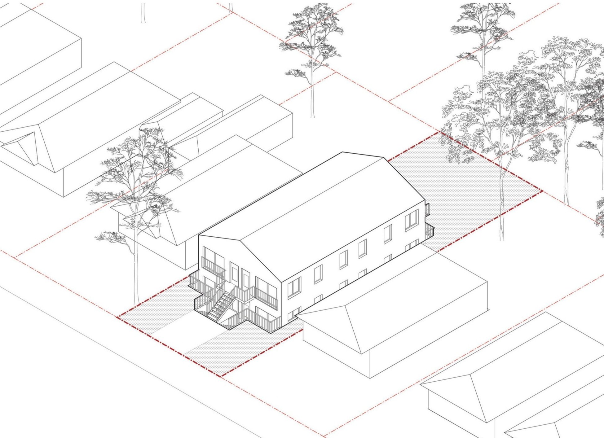 Black outline architectural drawing of a two-story residential building with stairs and balconies, surrounded by trees and neighboring house outlines, on a grid background.