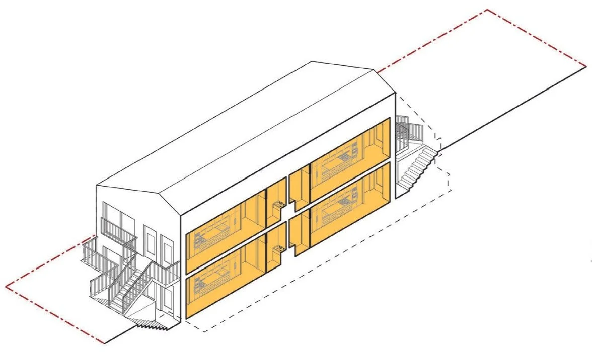 Cross-sectional architectural drawing of a two-story building with staircases, highlighting interior spaces with orange walls and furniture.