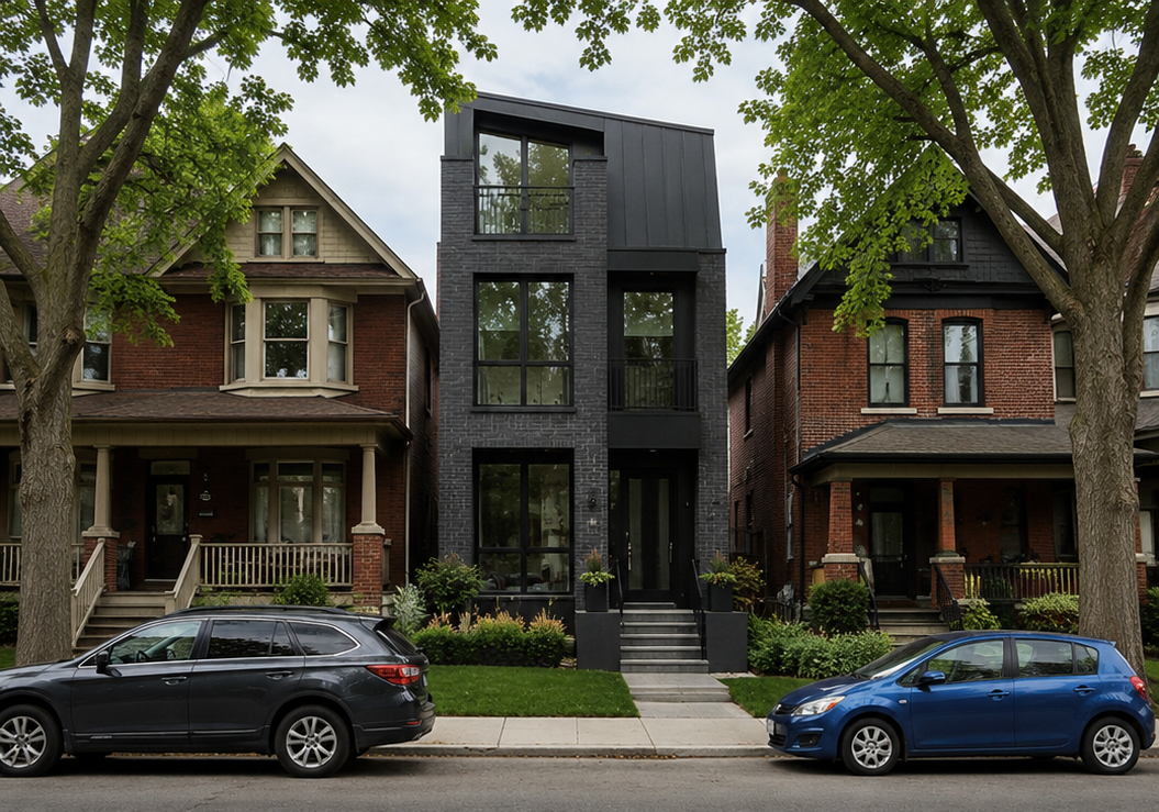 A modern black three-story townhouse with large glass windows and a small front porch, situated between two older traditional brick houses, with parked cars and greenery in front.