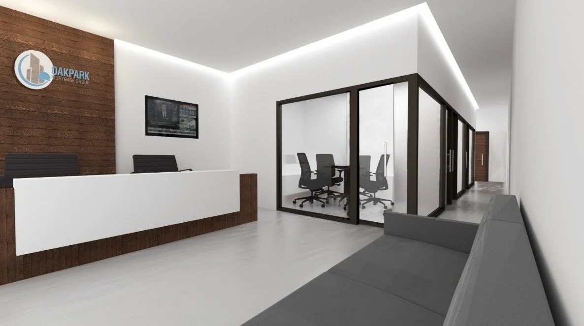 Modern office reception area with wood-paneled wall featuring a company logo, a white reception desk, a wall-mounted TV, glass-enclosed conference room with black chairs, and a gray sofa along the wall.