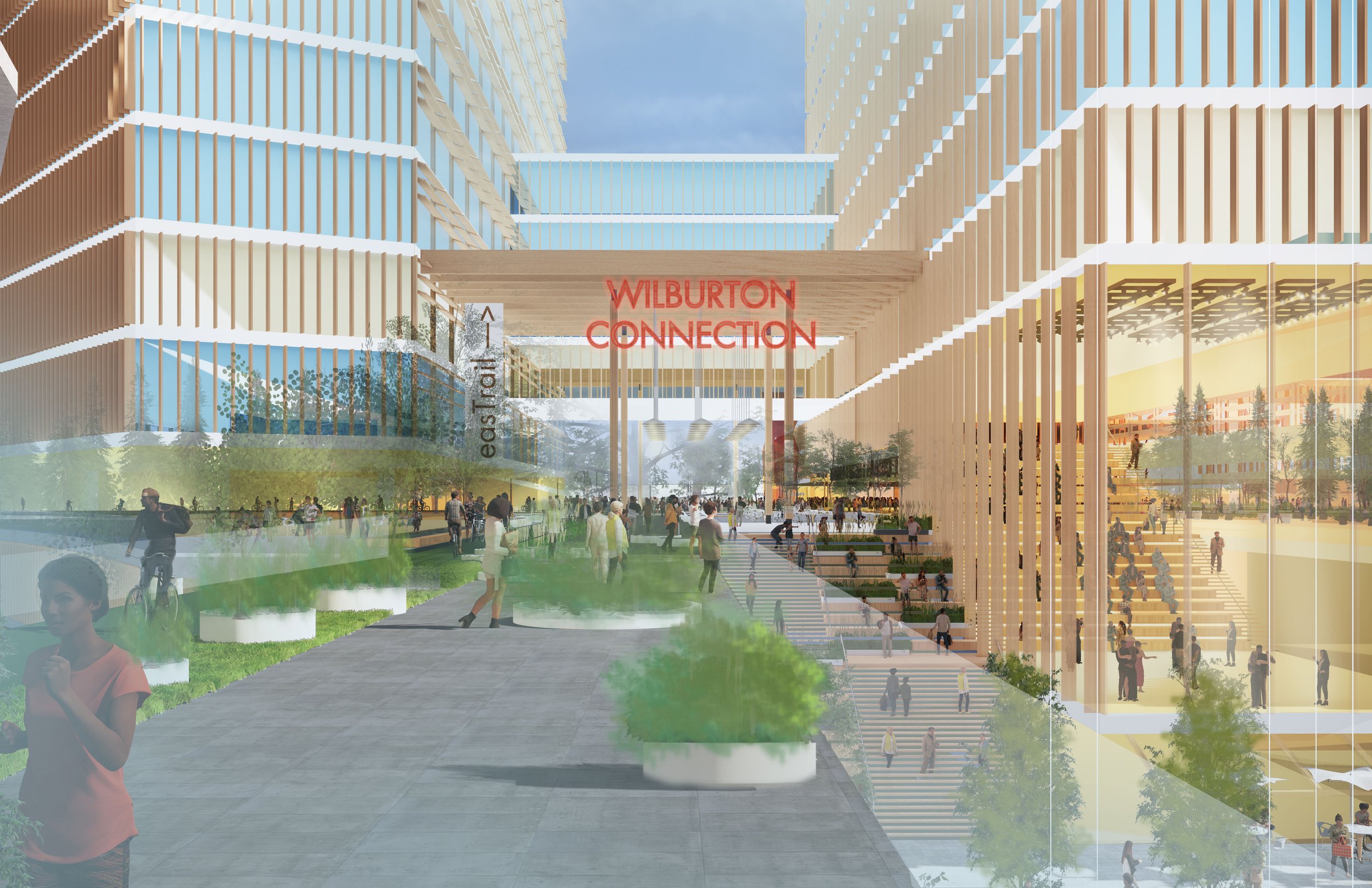 Rendering of a modern multi-story building complex called Wilburton Connection with people walking, sitting on steps, and greenery in the outdoor plaza area.