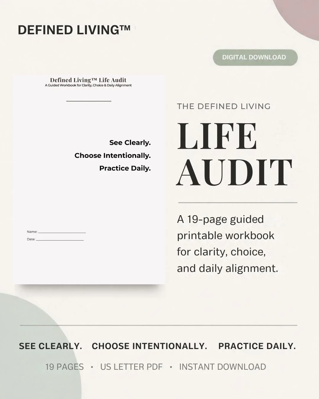 Life Audit workbook cover introducing a 19-page guided printable workbook for clarity, choice, and daily alignment.