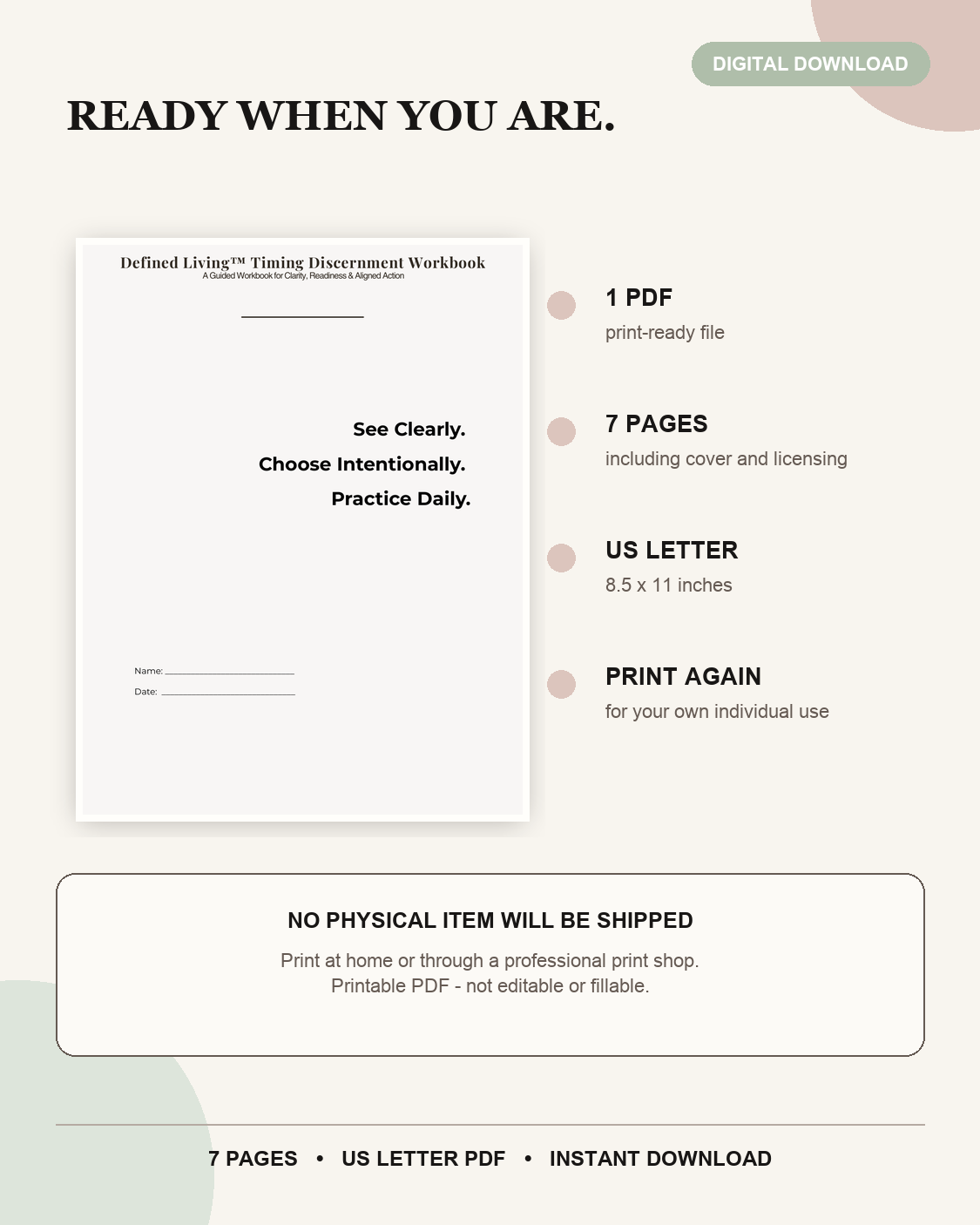 Timing Discernment Workbook cover with product details: one printable PDF, seven US Letter pages, and permission to print additional copies for personal use. No physical item is shipped.