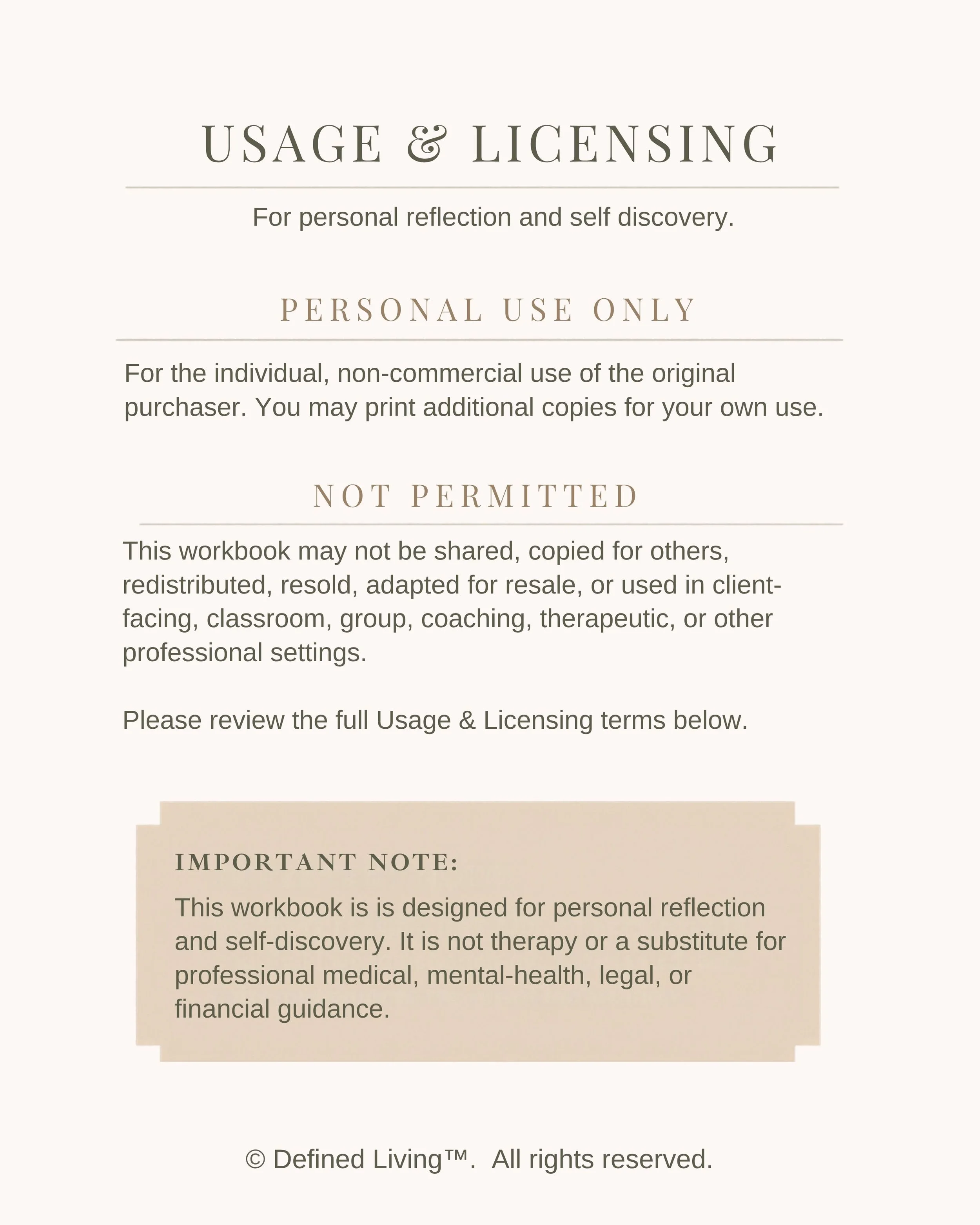 Workbook usage and licensing terms covering individual personal use and prohibiting sharing, redistribution, resale, and professional use.