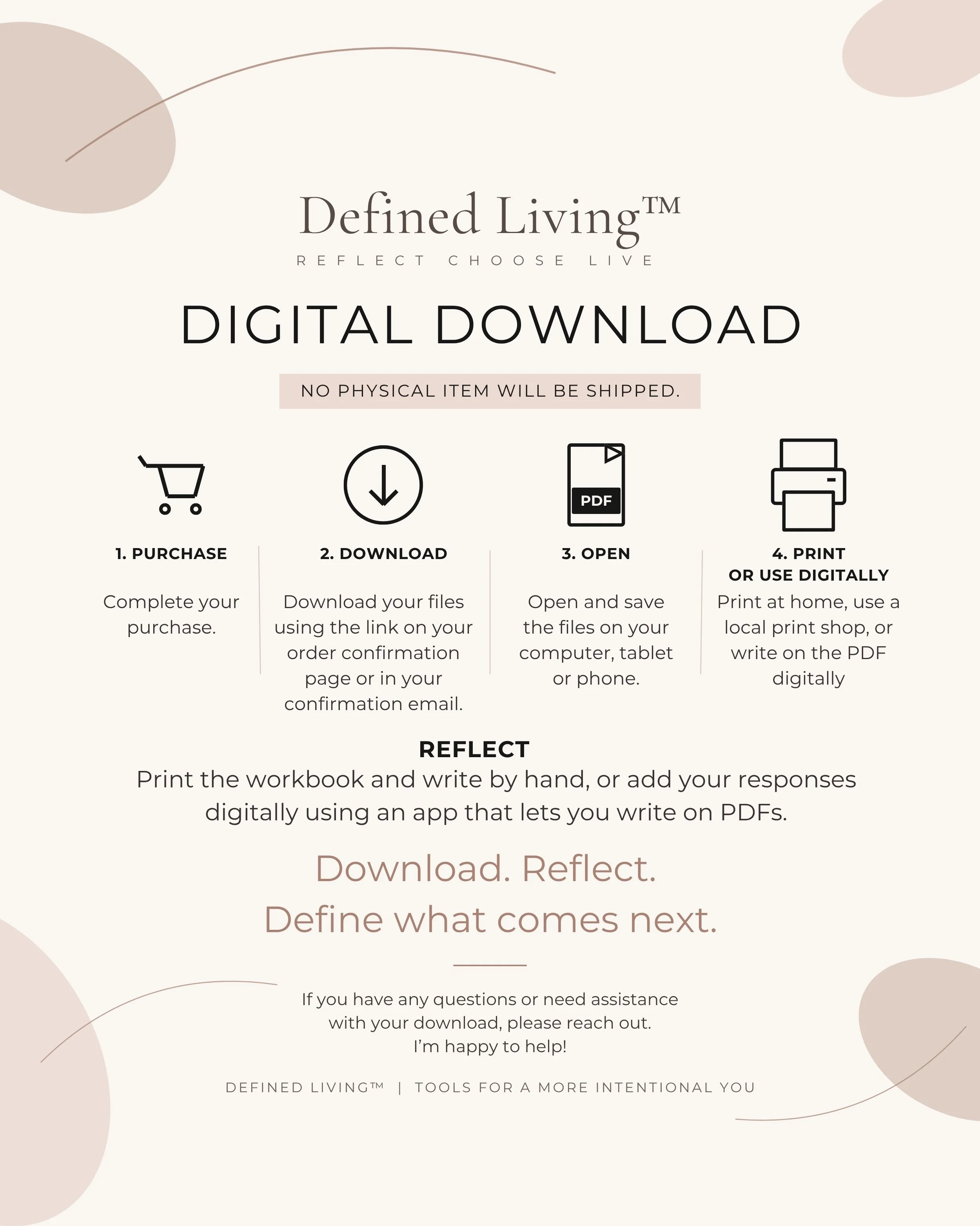 Website digital workbook instructions: purchase, download from the order confirmation page or confirmation email, save and open the PDF, then print or annotate for personal reflection.