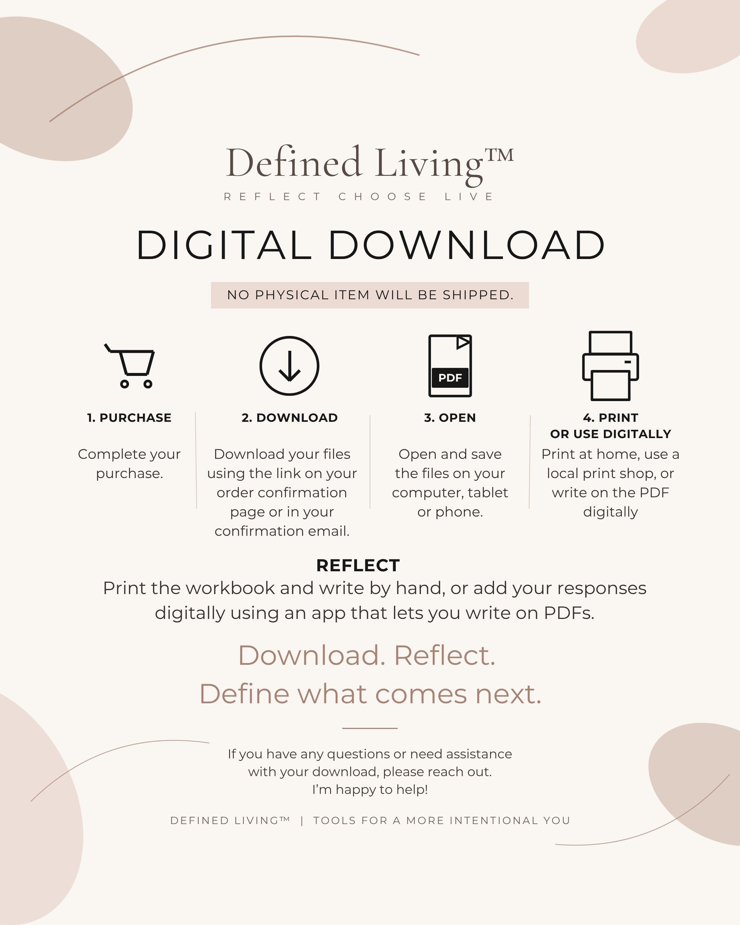 Digital workbook instructions showing how to purchase, download, open, and print or annotate the PDF for personal use. No physical item is shipped.