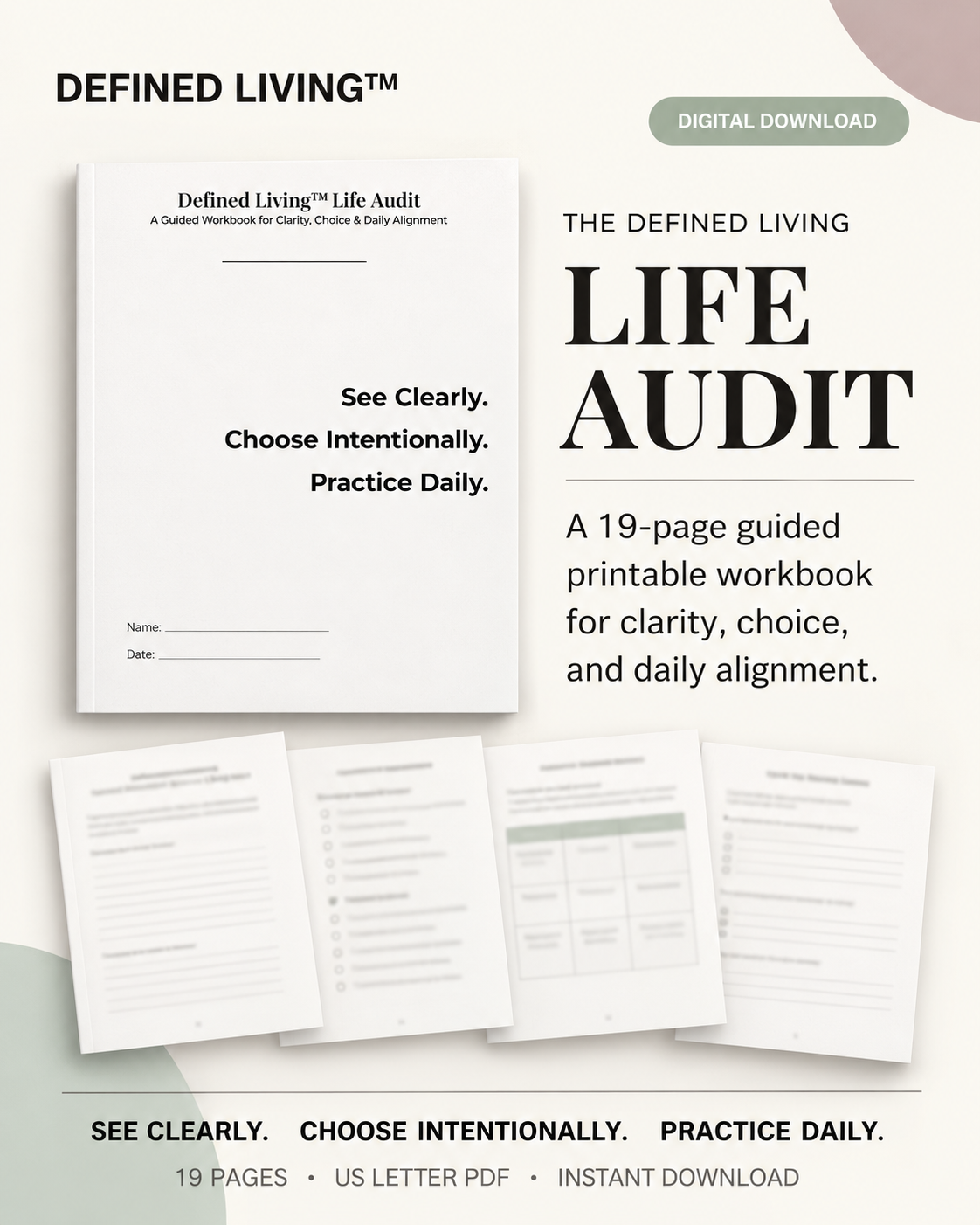 Life Audit workbook cover with blurred interior-page previews. A 19-page guided printable workbook for clarity, choice, and daily alignment.