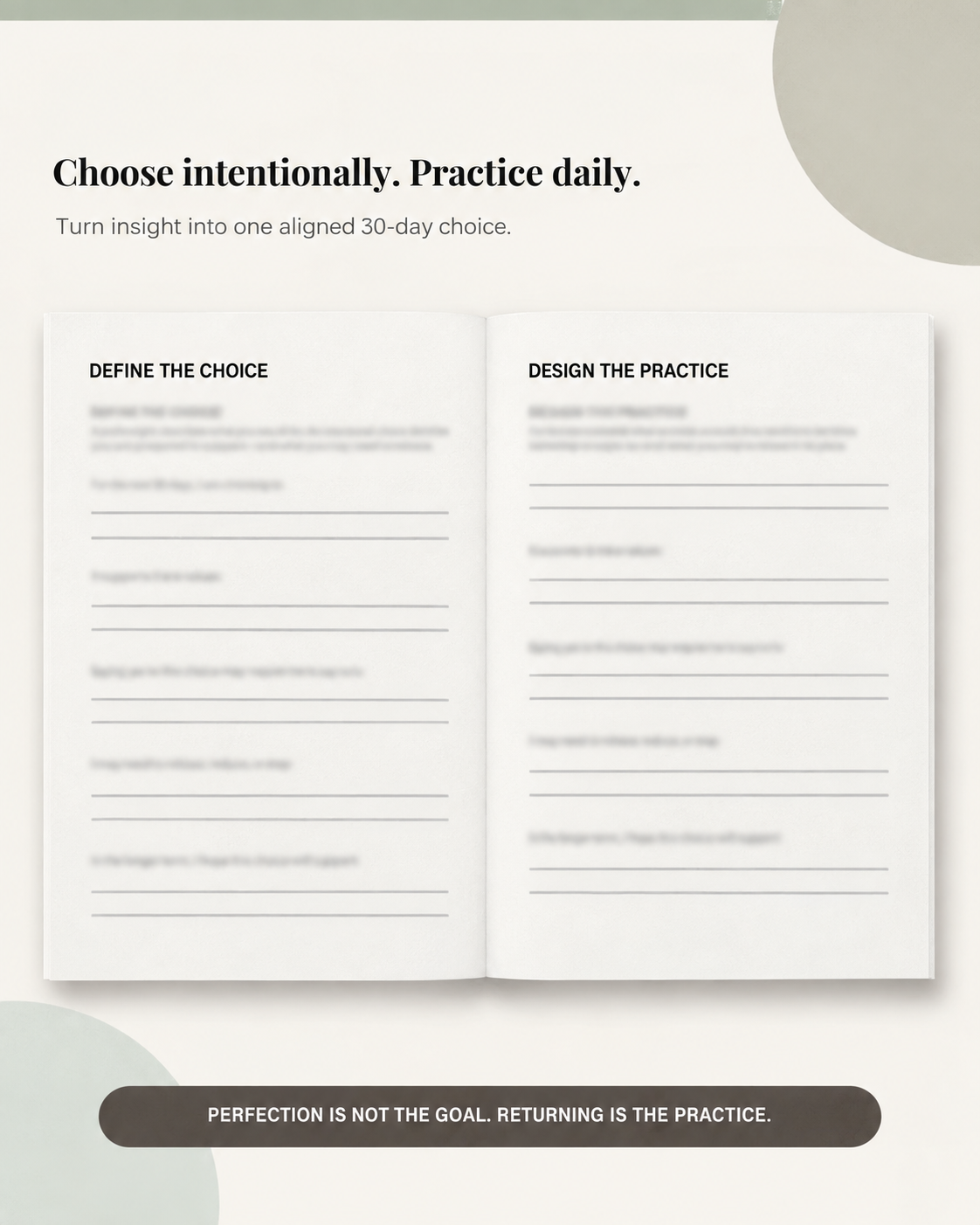 Life Audit “Define the choice” and “Design the practice” page previews for one aligned 30-day choice.
