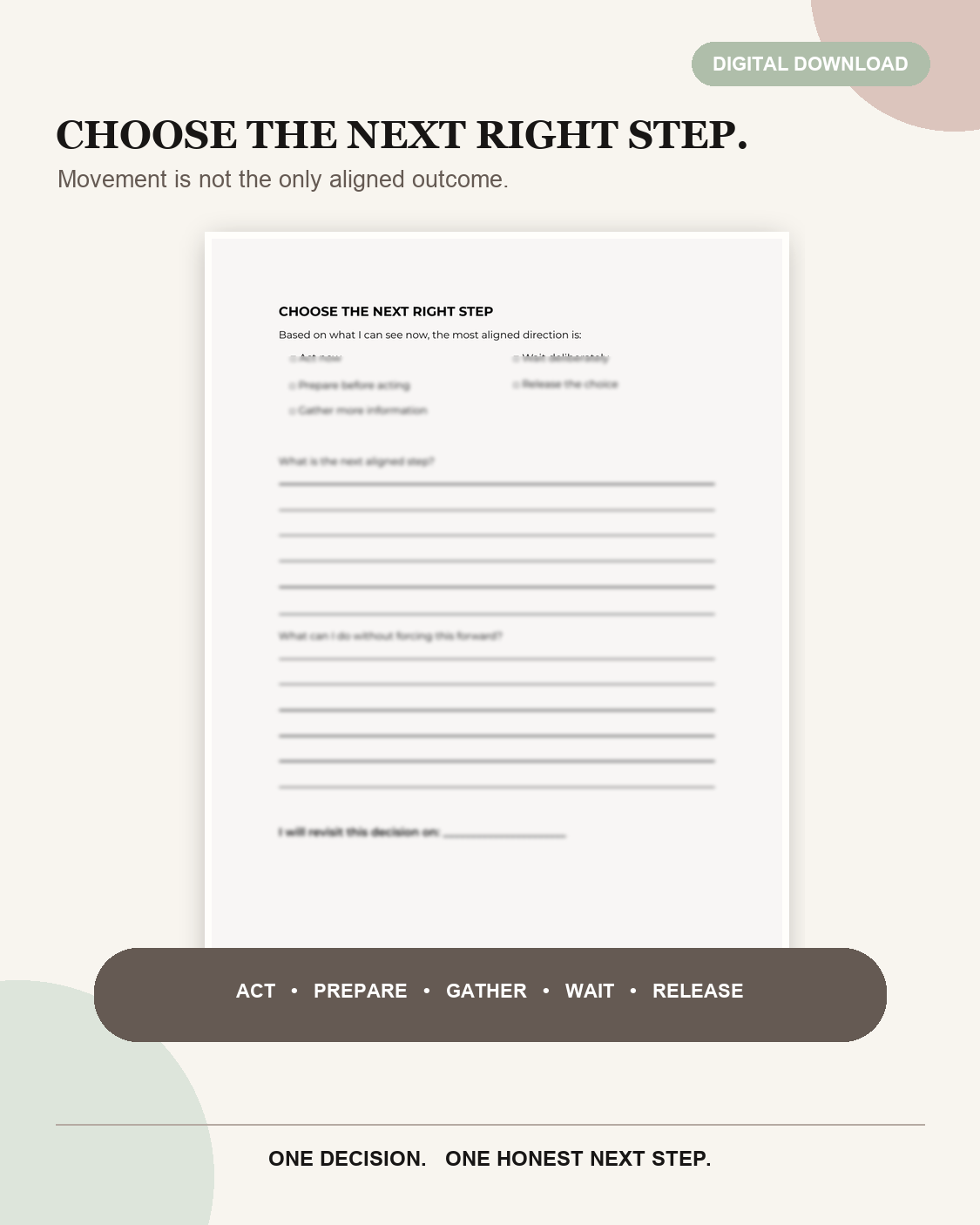 Timing Discernment worksheet preview for choosing an aligned direction: act, prepare, gather more information, wait deliberately, or release the choice.