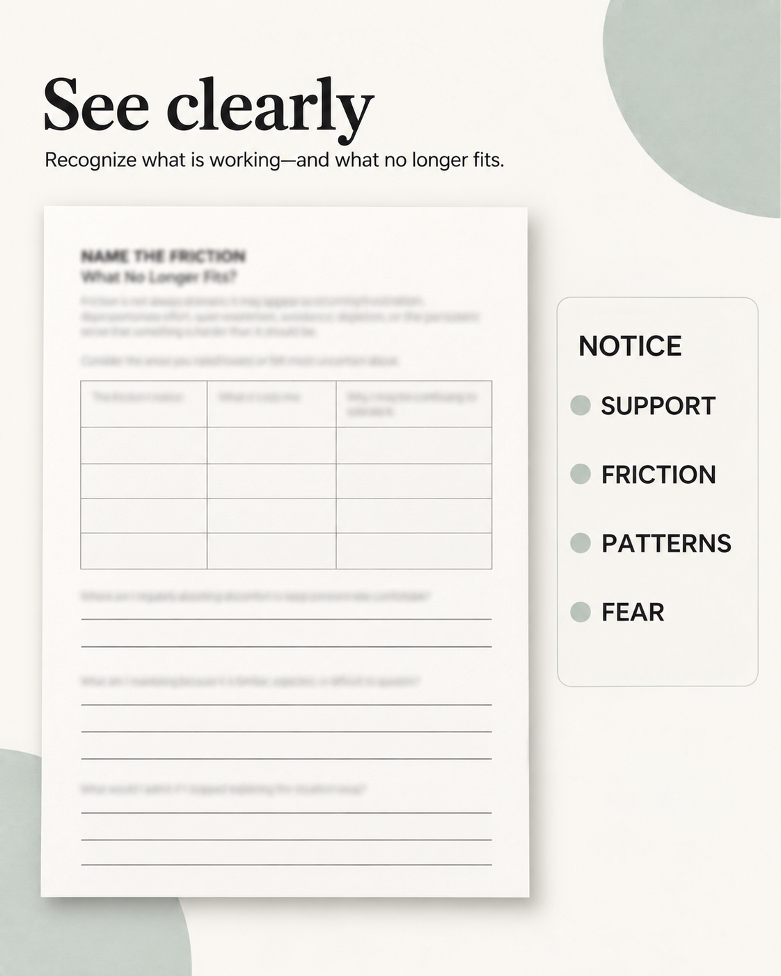 Life Audit “Name the friction” worksheet preview with prompts to notice support, friction, patterns, and fear.