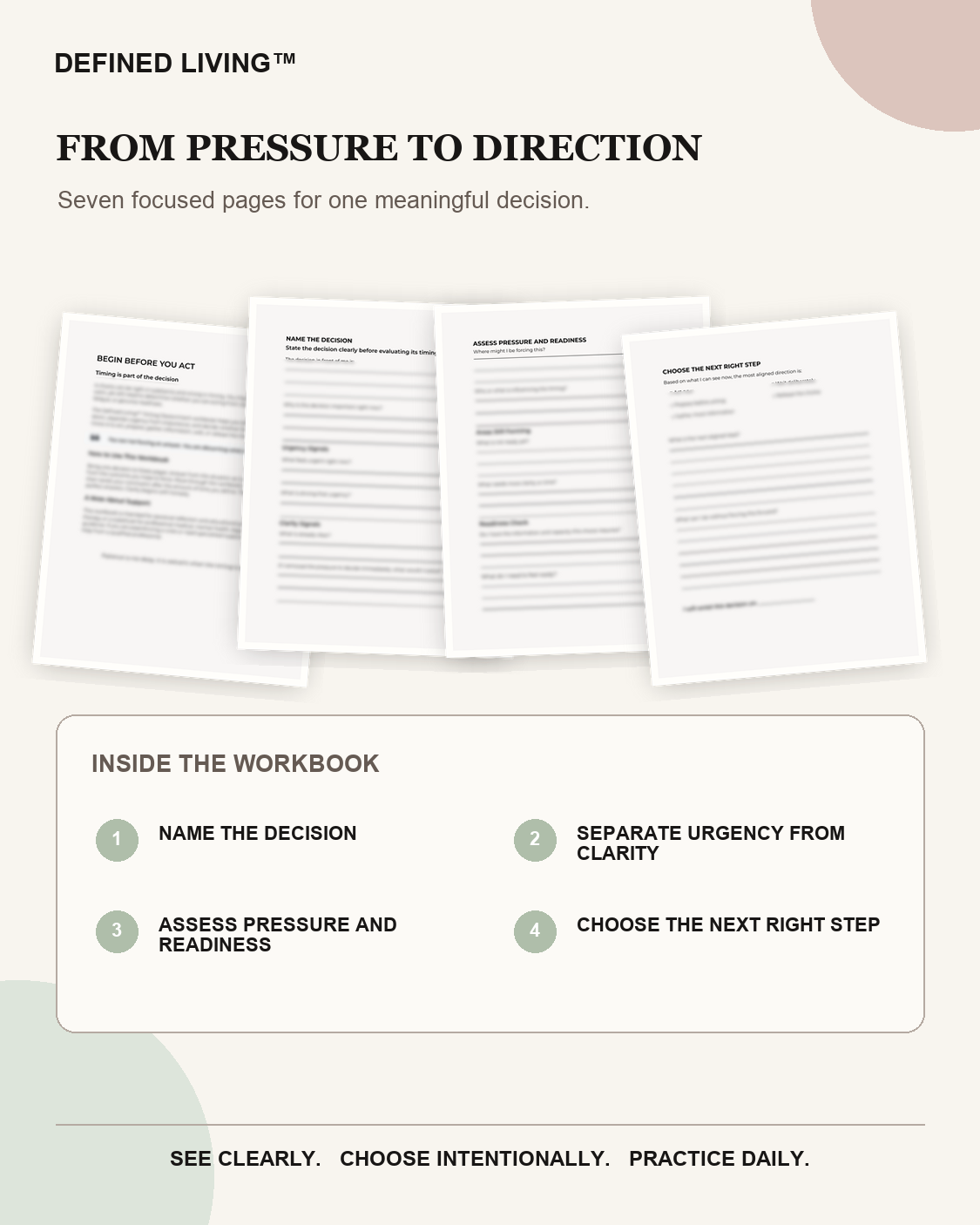 Four Timing Discernment workbook page previews covering how to name the decision, separate urgency from clarity, assess pressure and readiness, and choose the next right step.