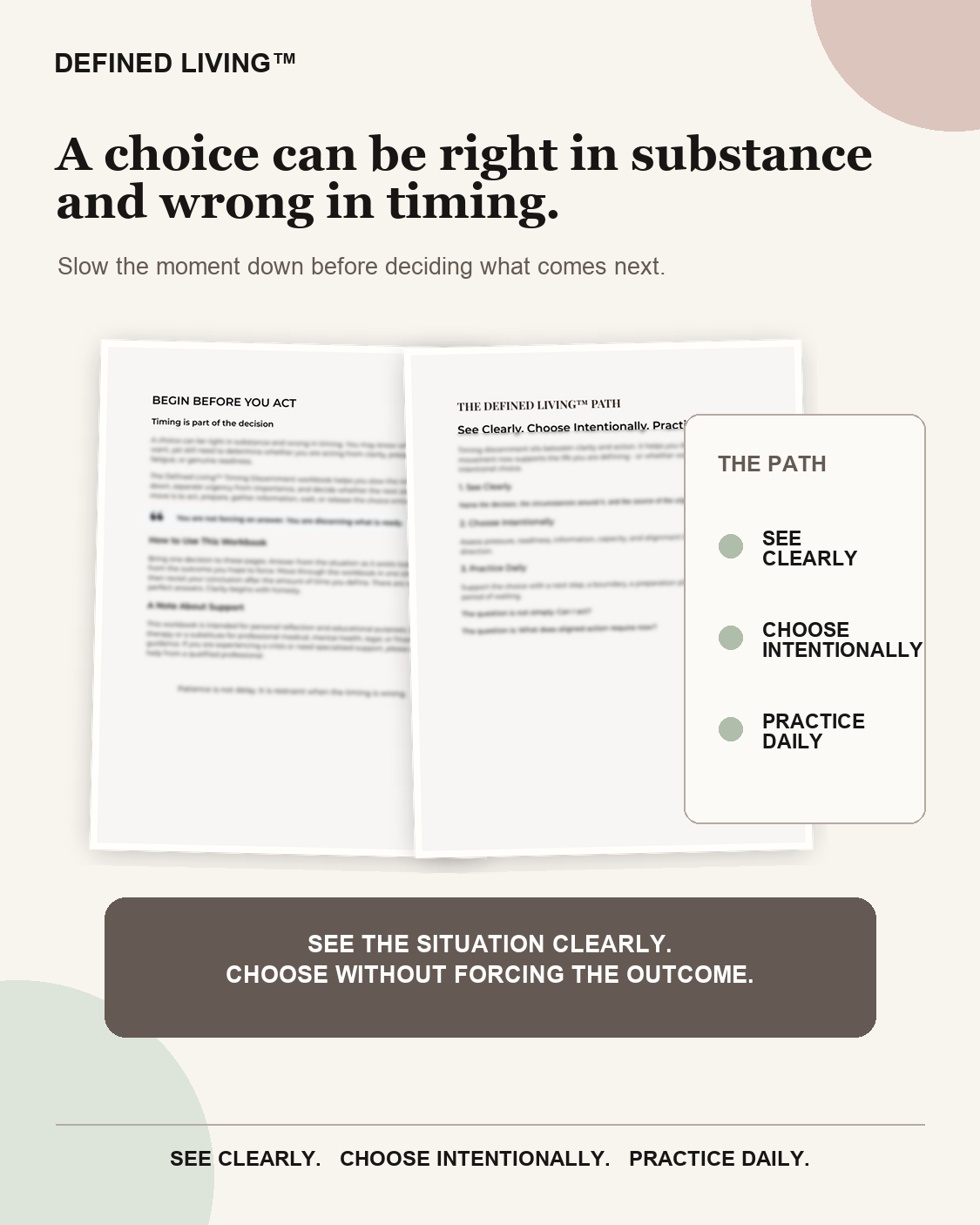 Timing Discernment workbook preview with the message “A choice can be right in substance and wrong in timing” and the path: see clearly, choose intentionally, practice daily.