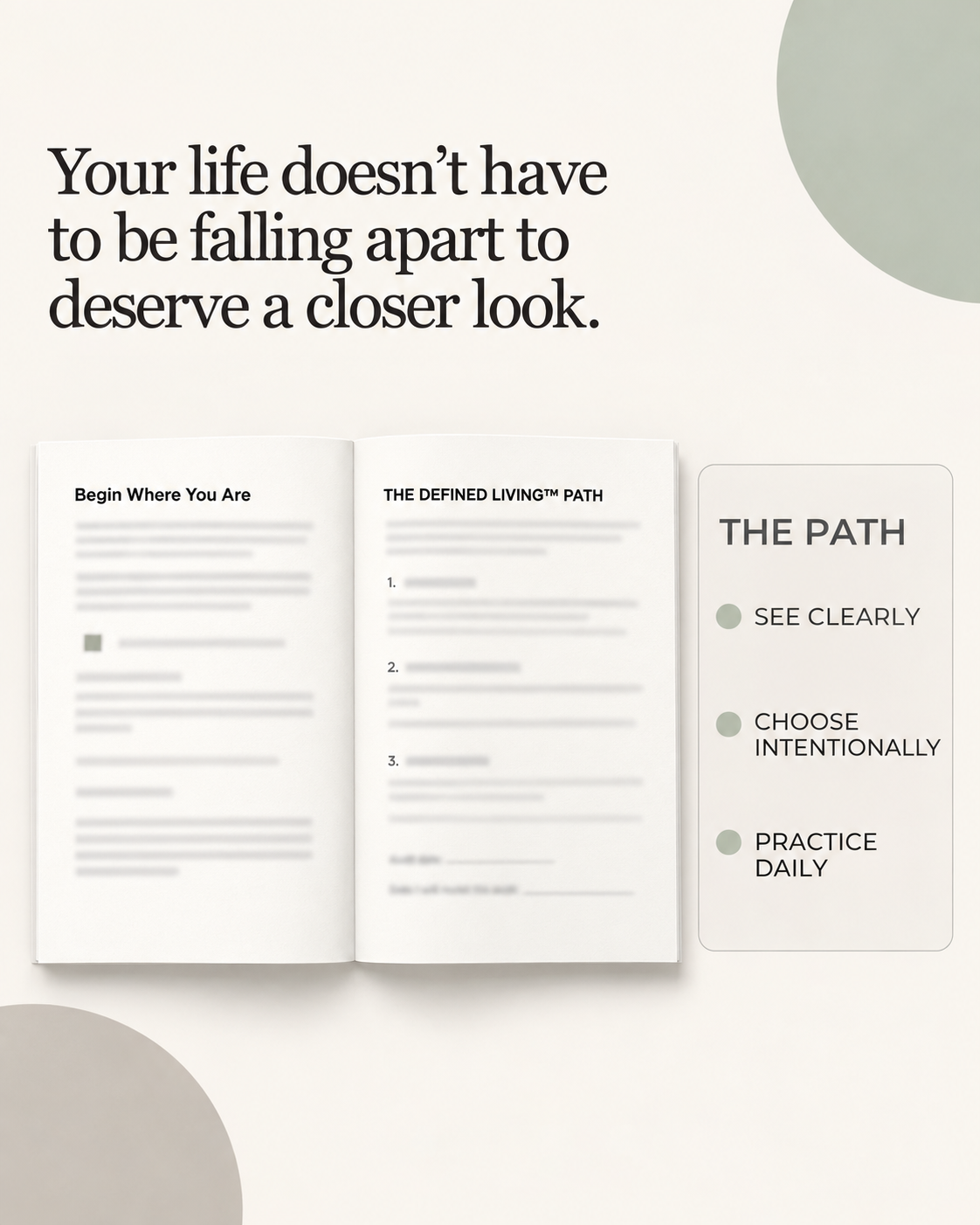 Life Audit introductory page previews with the message “Your life doesn’t have to be falling apart to deserve a closer look” and the path: see clearly, choose intentionally, practice daily.