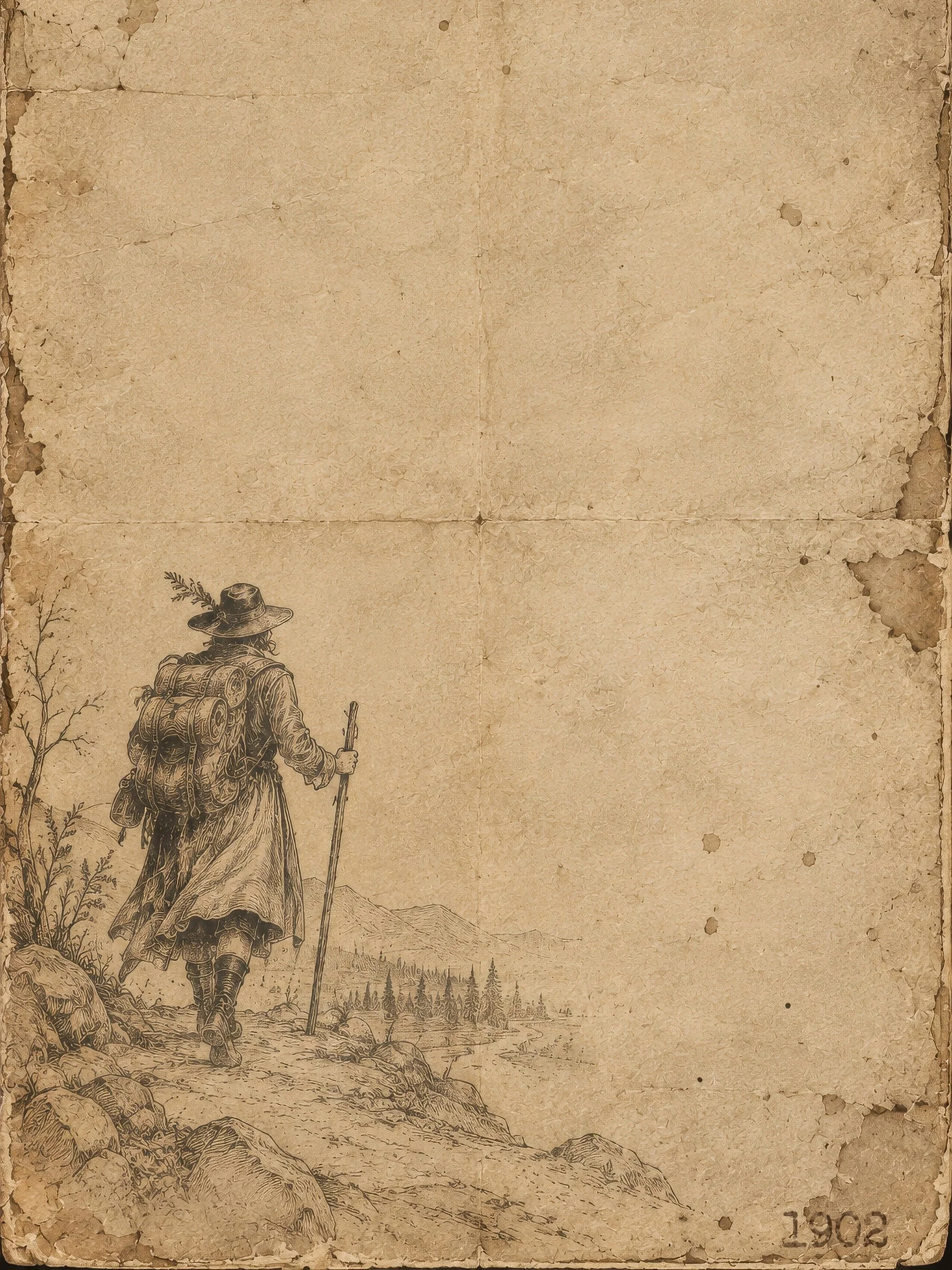 A vintage drawing of a man walking away from the viewer in a rural landscape, wearing a wide-brimmed hat, carrying a backpack, and holding a walking stick, with the year '1902' written in the bottom right corner.