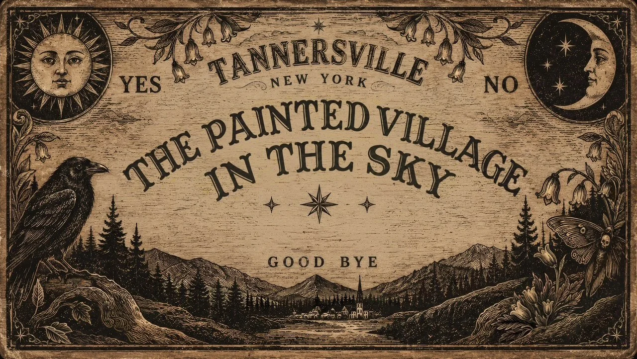 A vintage-style wooden sign with illustrations of the sun, moon, a crow, mountain landscape, trees, butterfly, and flowers. The sign reads 'Tannersville, New York, Yes, No, The Painted Village in the Sky, Goodbye.'
