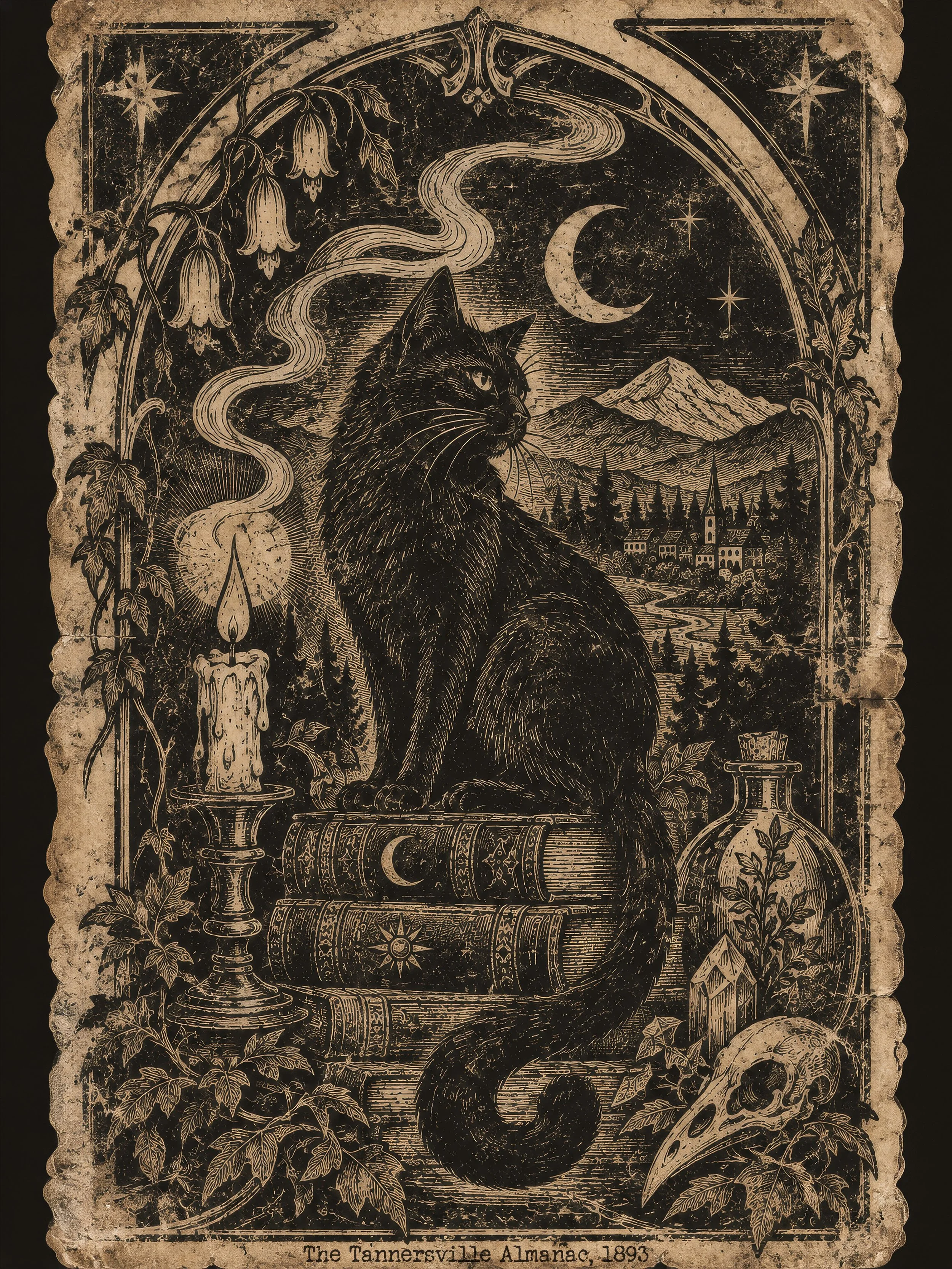 An artistic illustration featuring a black cat with yellow eyes sitting in a landscape with mountains, a crescent moon, and stars in the sky. Surrounding the cat are decorative elements like candles, plants, and a book, with the text 'The Tannersville Almanac, 1893' at the bottom.