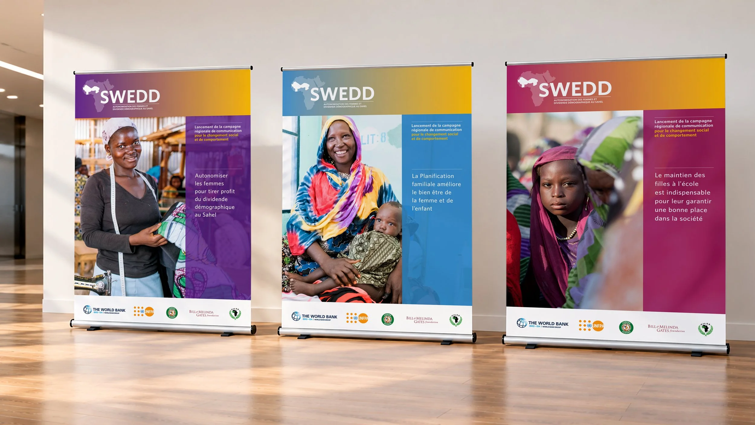 SWEDD visual identity + communications: Identity design and campaign launch communications for the award-winning Sahel Women's Empowerment and Demographic Dividend initiative.