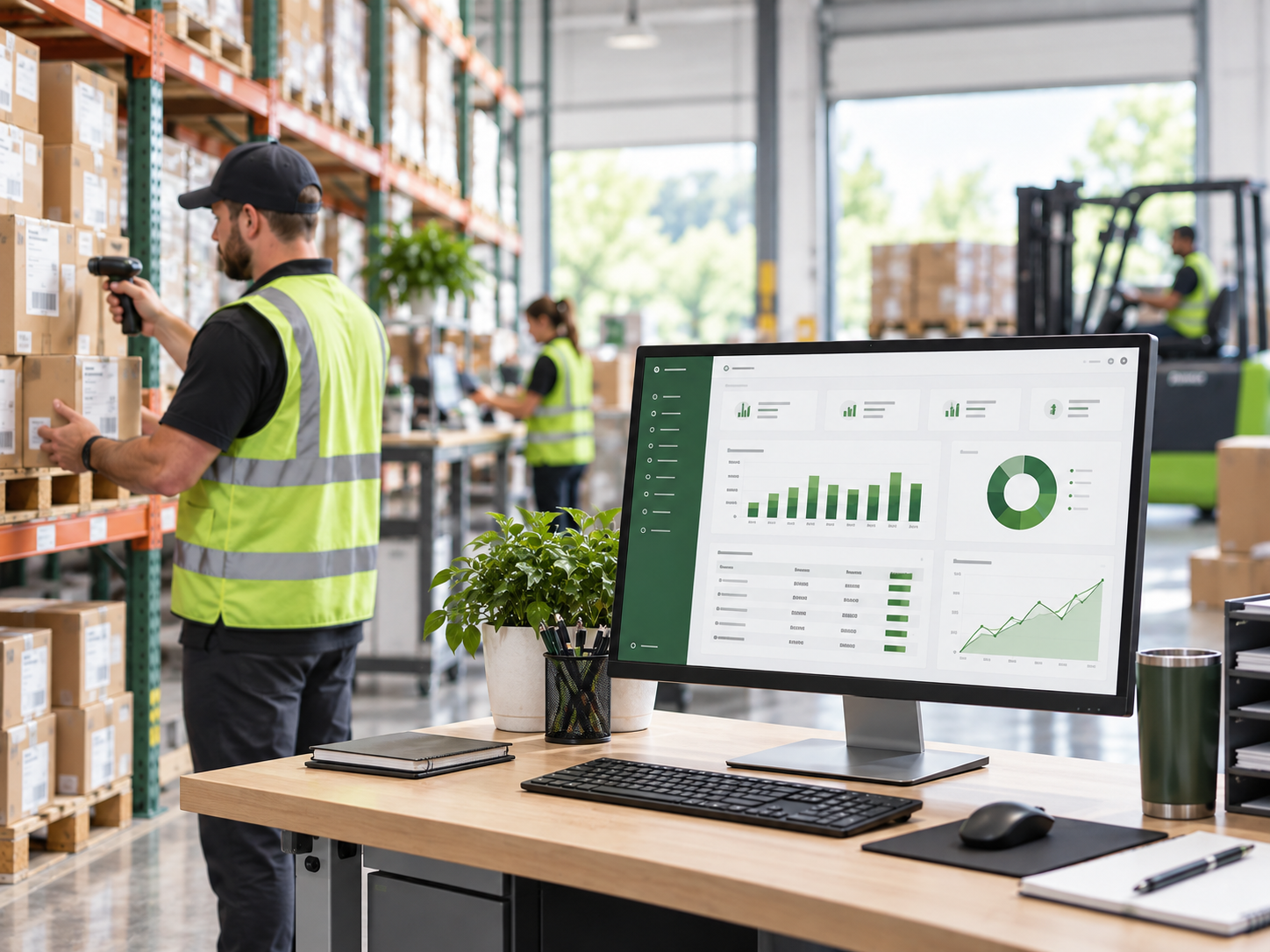 Warehouse inventory operations with management reporting dashboard.