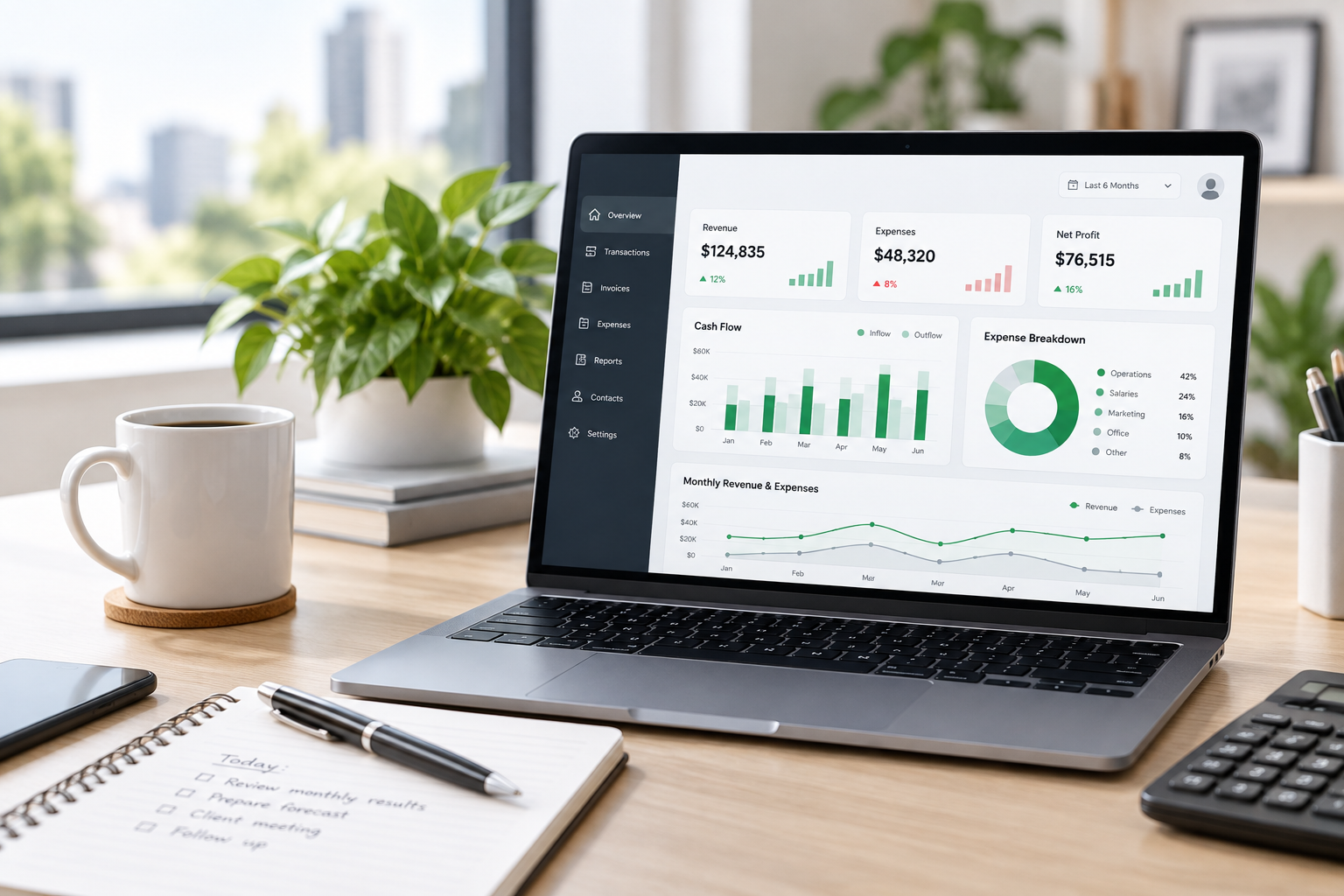 Laptop displaying a financial dashboard with revenue, expenses, profit, and cash flow in a modern office.