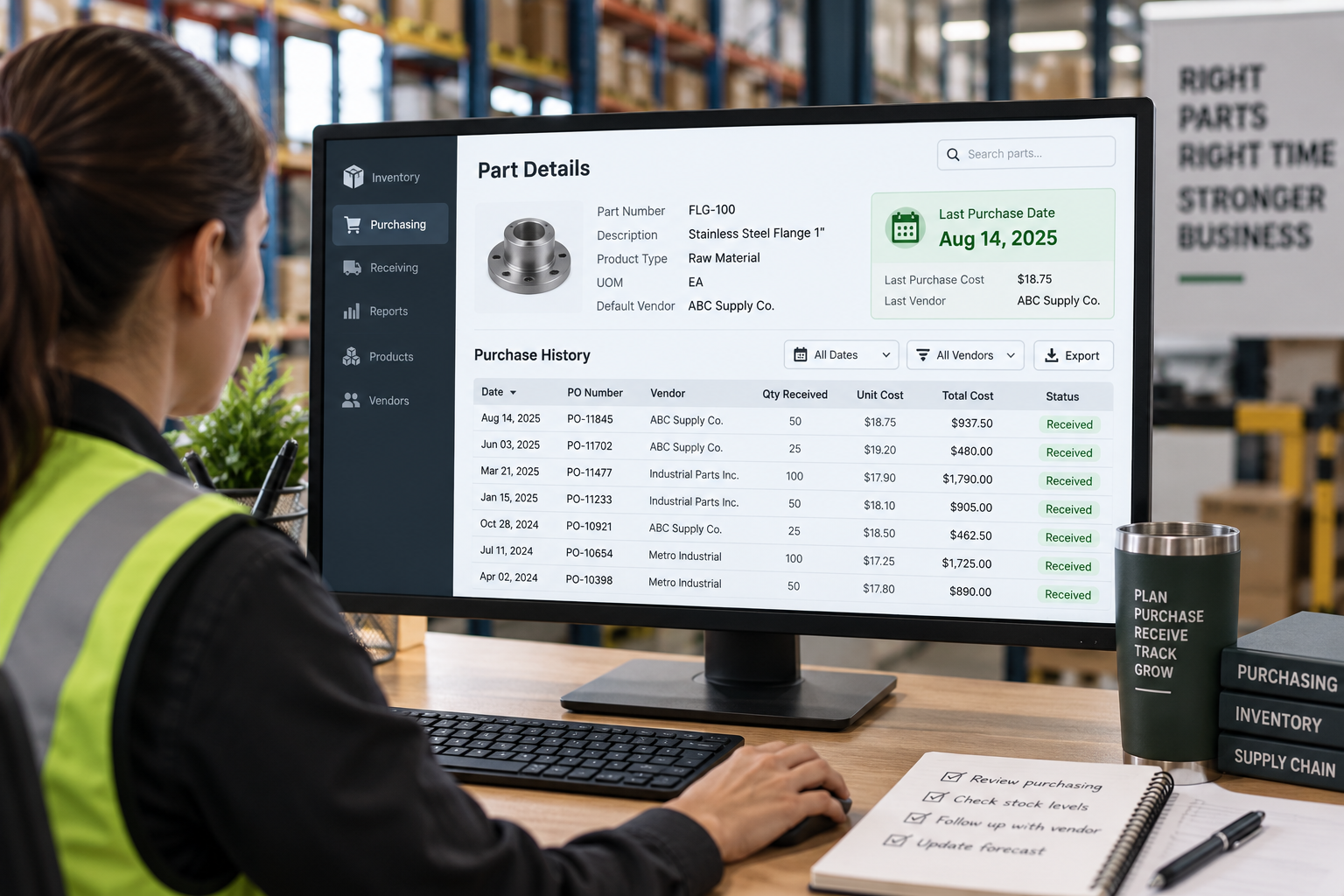 Warehouse buyer reviewing a part’s purchase history and last purchase date on an inventory system.