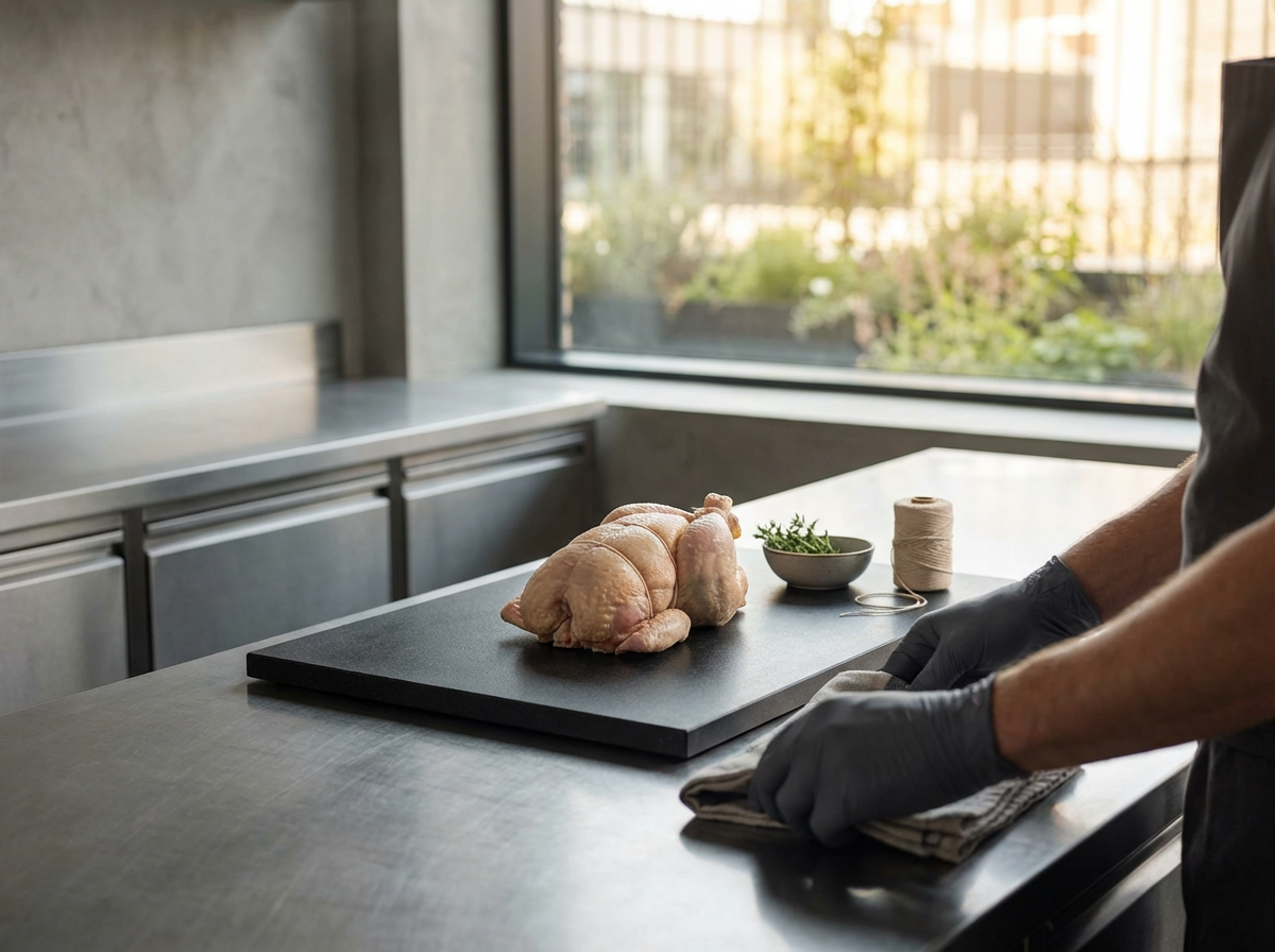 Whole raw chicken placed on a black cutting board on a kitchen counter, with a bowl of herbs, a spool of butcher twine, and a kitchen towel nearby.