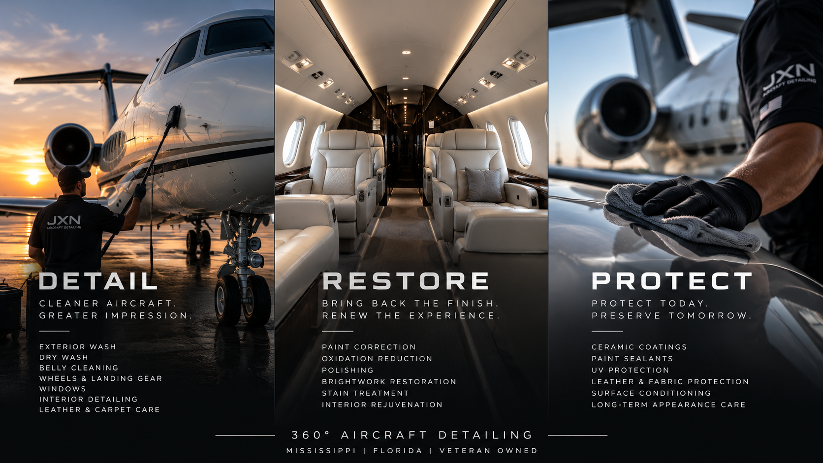 Three-part infographic showing aircraft detailing services, including exterior wash, paint correction, ceramic coatings, interior cleaning, and protection services for private jets, with images of a person cleaning an aircraft, the interior of a private jet, and a worker polishing the aircraft's exterior.
