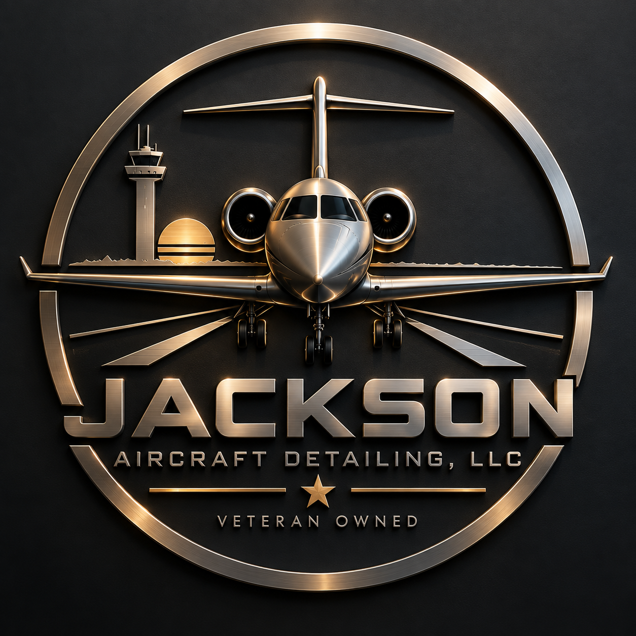 Metal badge featuring a fighter jet airplane with the words "Jackson Aircraft Detailing, LLC" and "Veteran Owned." A control tower and a sun in the background.