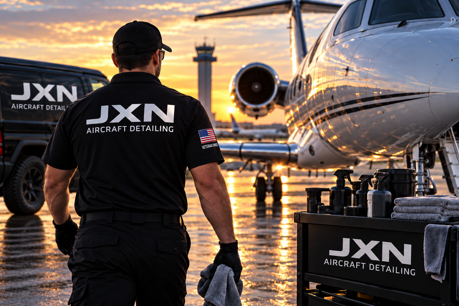 Aircraft detailer at sunset near a private jet, with JXN Aircraft Detailing equipment and supplies in the foreground.