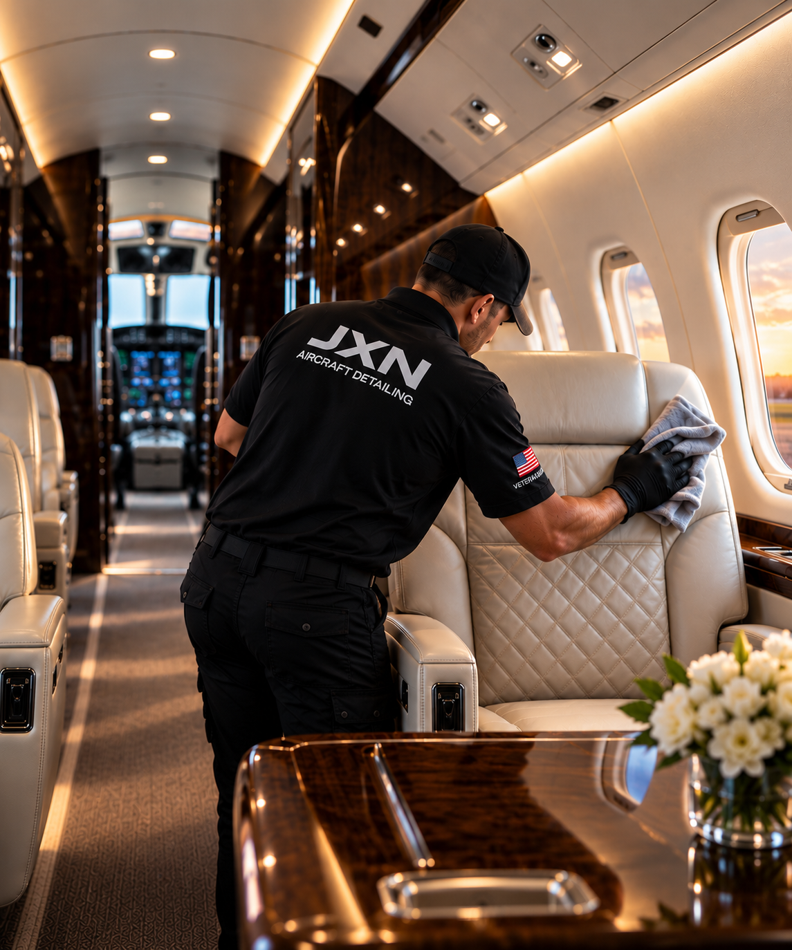 A man cleaning the interior of a private jet with a cloth, wearing a black shirt with Aircraft Detailing and JXN logos, and a patch with the American flag on the sleeve, during sunset.