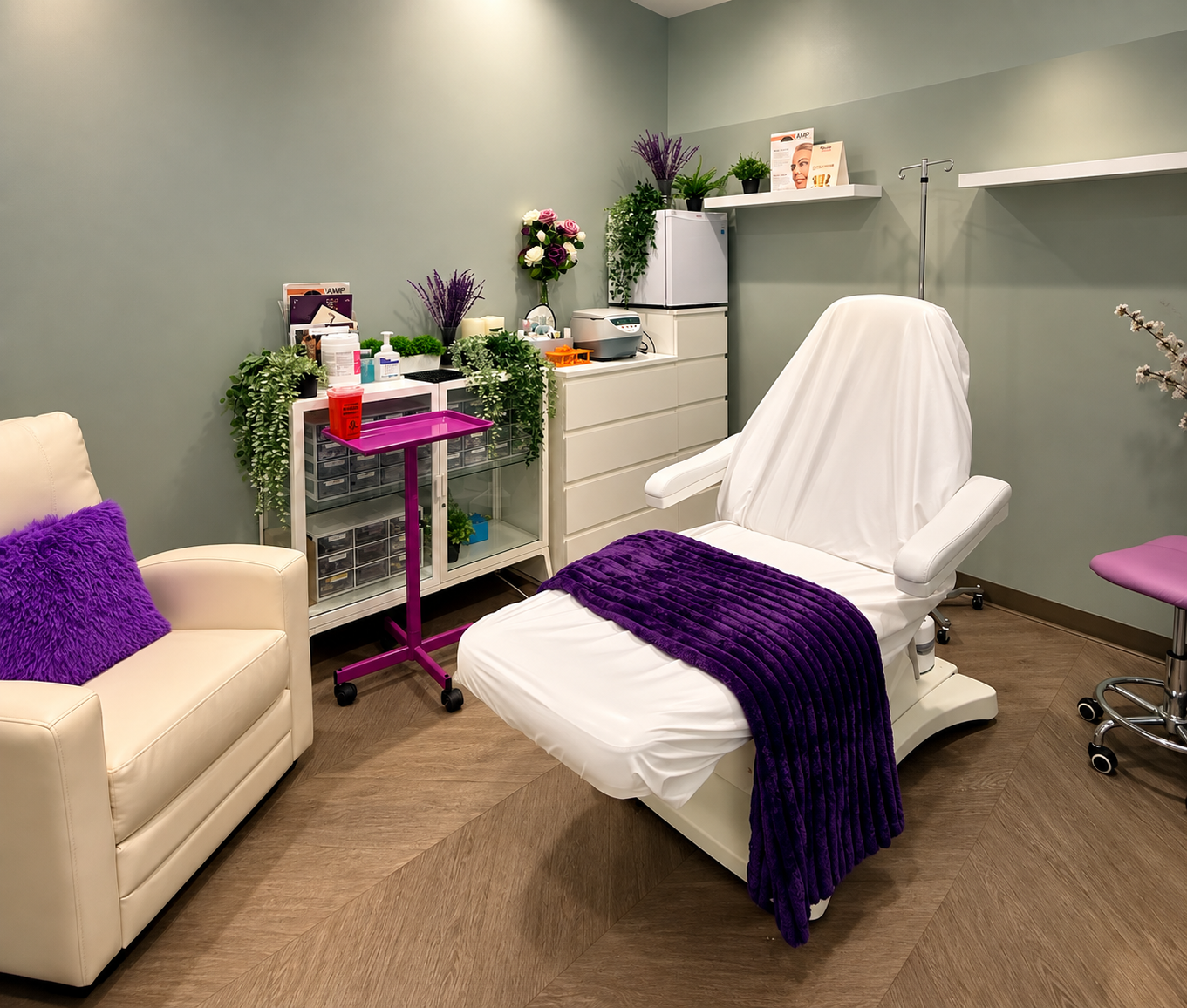 A medical or spa treatment room with a white reclining chair covered with a purple blanket, a cream sofa with a purple pillow, and various plants and supplies on shelves and tables.