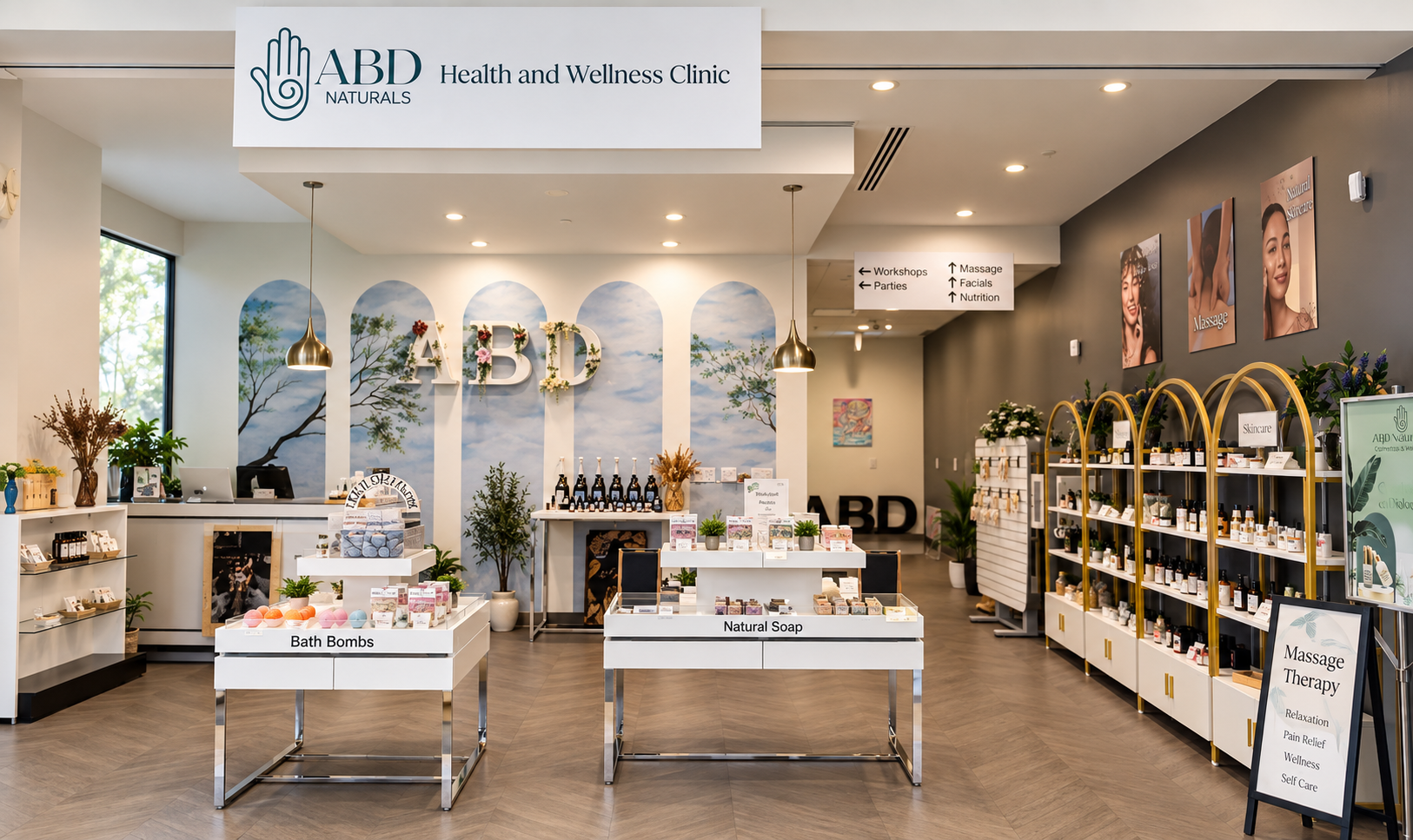 Interior of ABD Naturals Health and Wellness Clinic with display tables of bath bombs and natural soap, shelves of skincare products, and signs indicating services like massage, facials, nutrition, and workshops.