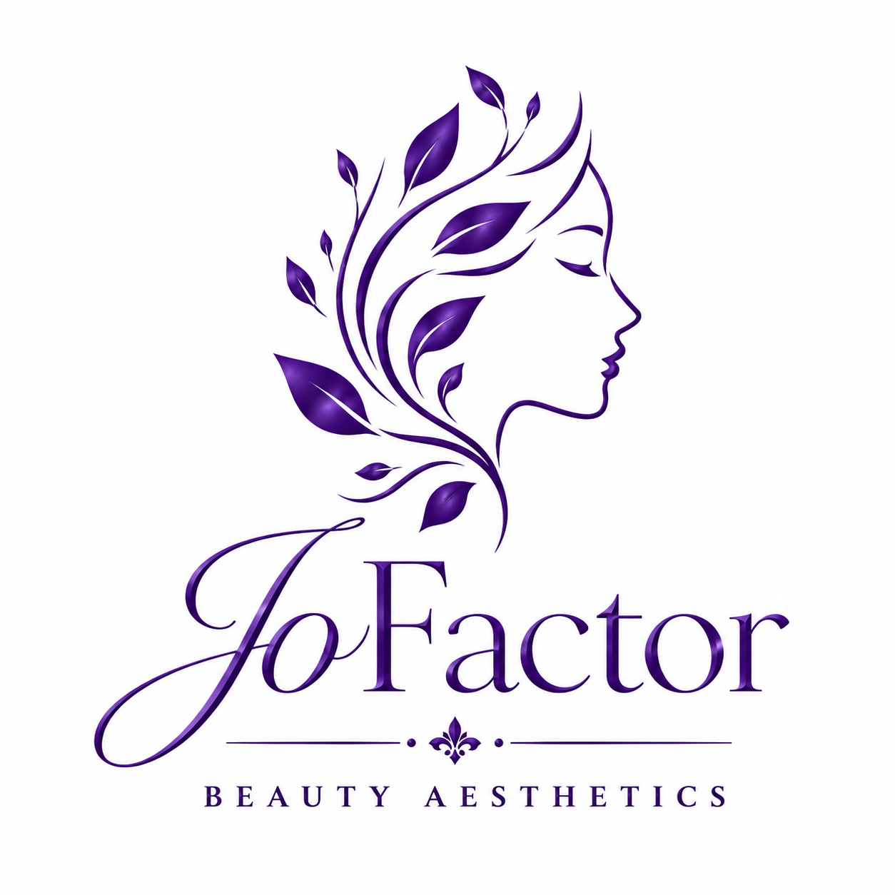 Logo for Jo Factor Beauty Aesthetics, featuring a stylized profile of a woman's face with flowing hair made of purple leaves, and elegant purple text reading 'Jo Factor' and 'Beauty Aesthetics'.