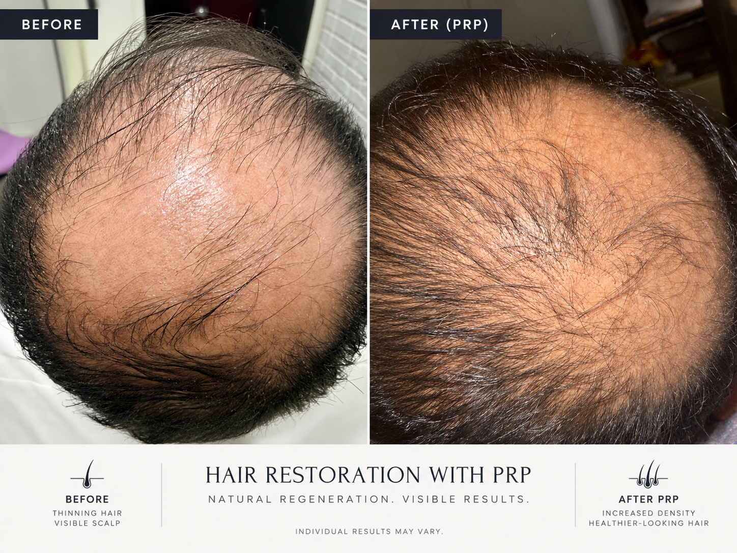 Comparison of a person's scalp before and after platelet-rich plasma (PRP) treatment for hair restoration. The before image shows thinning hair and a visible scalp, while the after image shows increased hair density and healthier-looking hair.