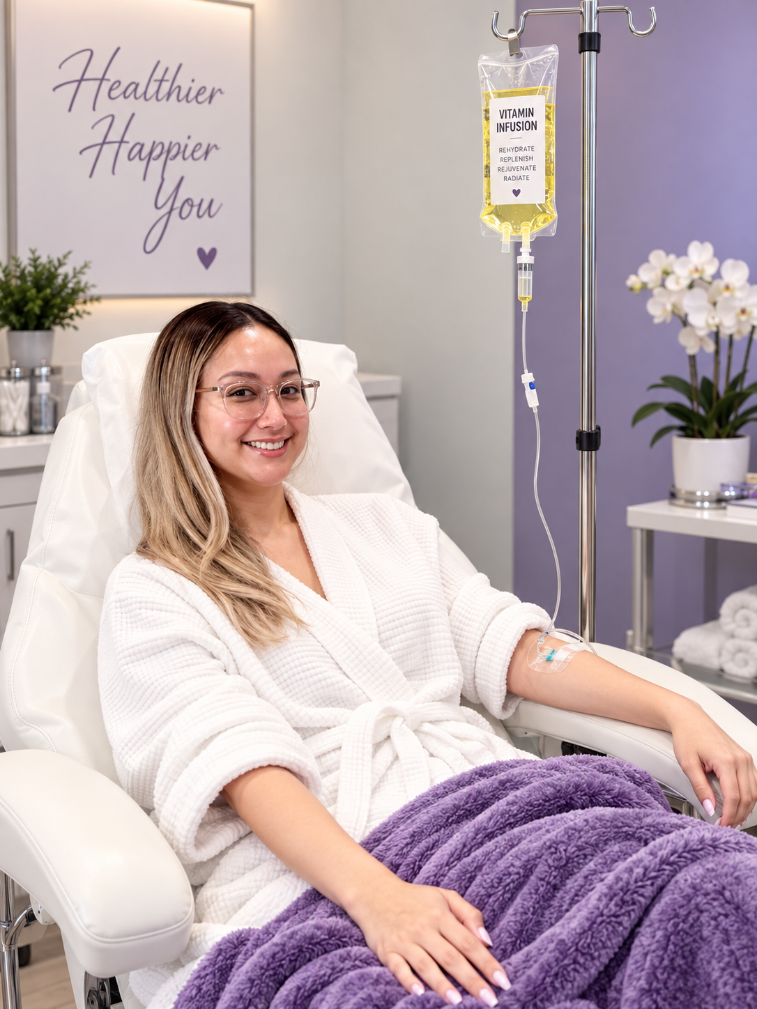 A smiling woman with glasses and long hair lying in a hospital bed, wearing a white bathrobe, with an IV in her arm connected to a Vitamin Infusion bag hanging on a stand. The room has decor with flowers and a sign that says 'Healthier Happier You'.