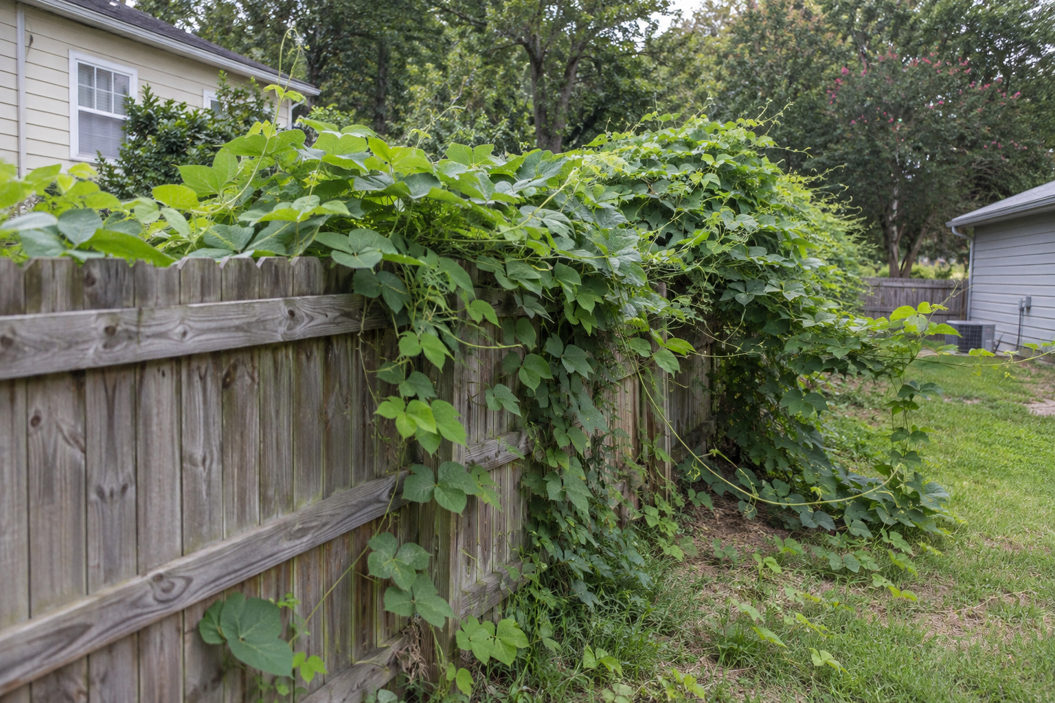 Invasive kudzu vines spreading over a wooden fence and surrounding vegetation, demonstrating how quickly kudzu can overtake residential properties.