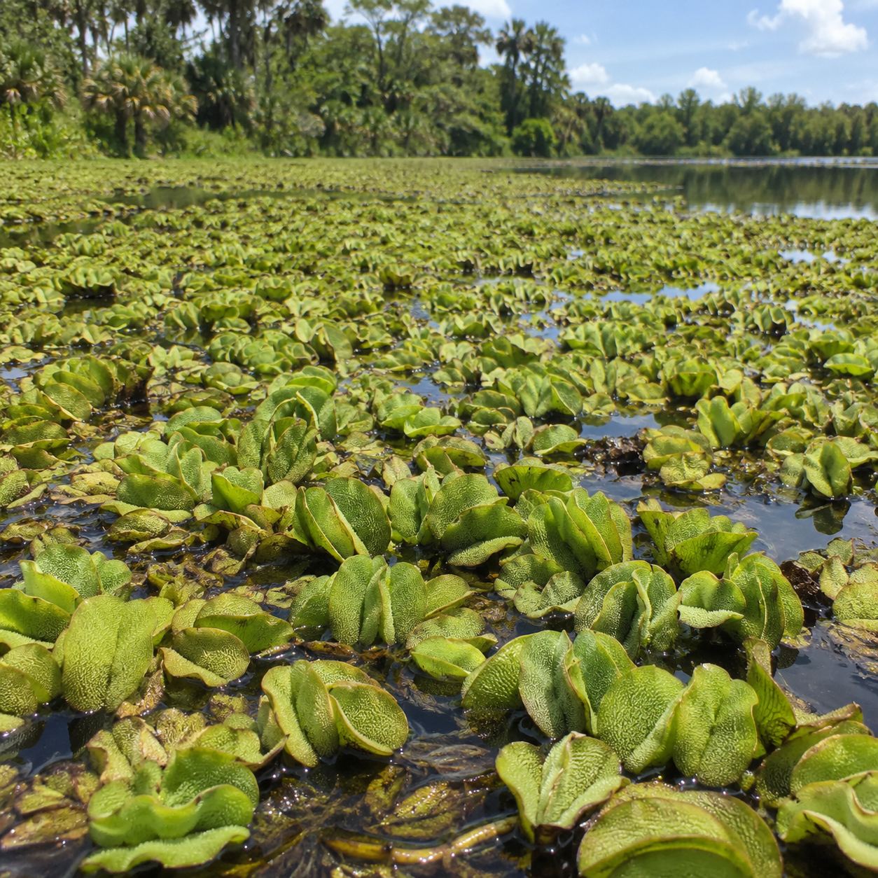 Aquatic plants covering a body of water with trees in the background on a sunny day.