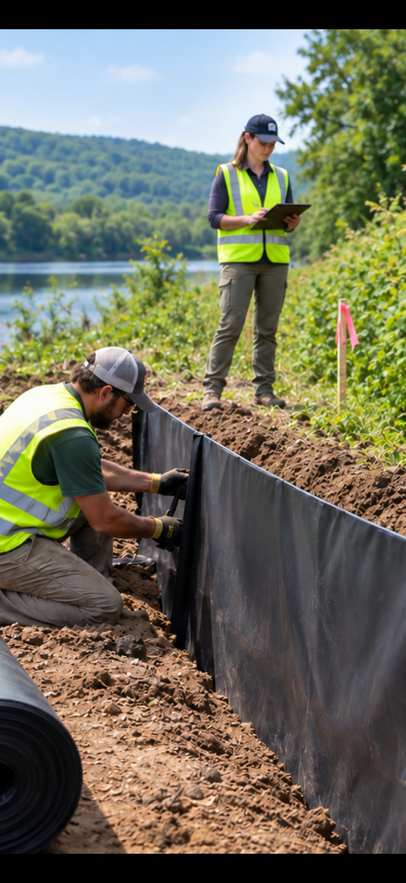 Two workers in safety vests installing a black plastic barrier along a field near a body of water, with one worker kneeling and the other standing and using a tablet, on a sunny day with trees and hills in the background.