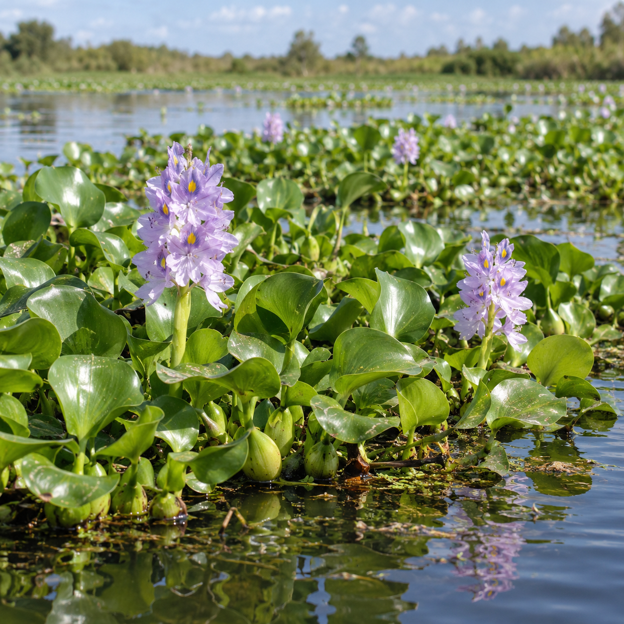 Purple water hyacinth flowers blooming on green floating leaves in a lake with a distant shoreline and trees under a blue sky.