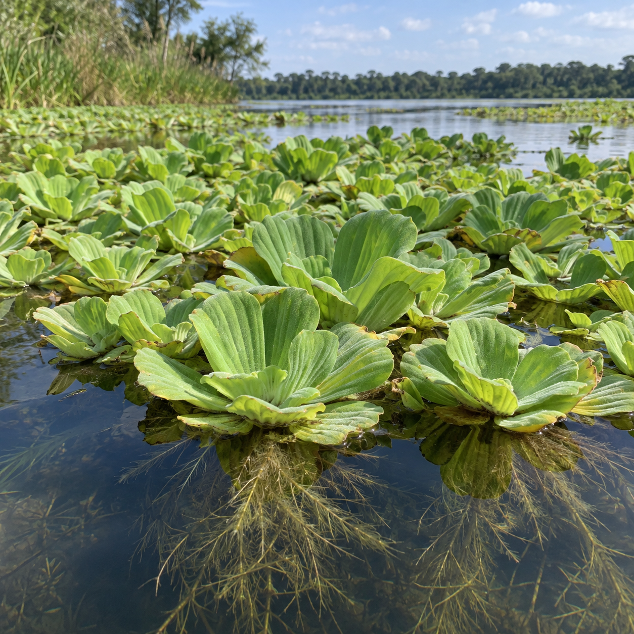 Water plants growing in a lake with a distant tree-lined shoreline under a blue sky with clouds.