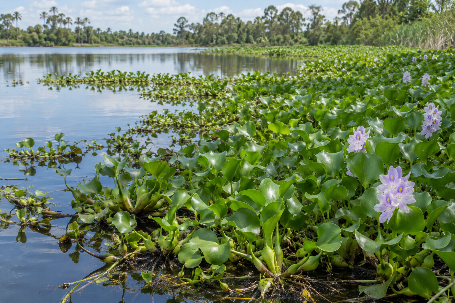 Invasive water hyacinth spreading across a lake, with floating green leaves and distinctive purple flowers