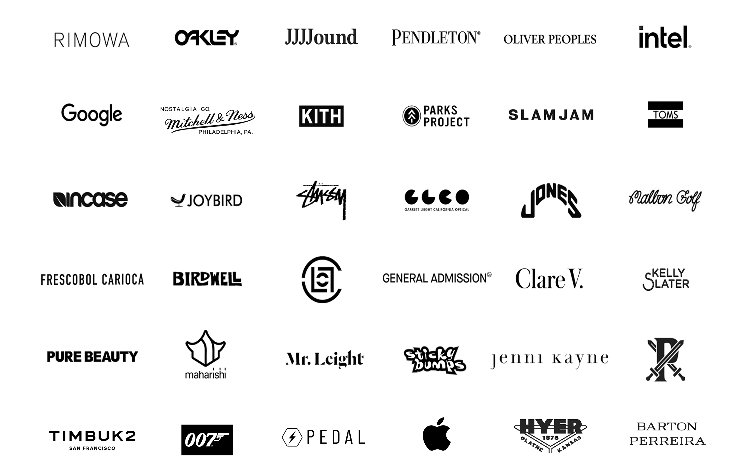 Google · Intel · Oakley · TOMS · Stüssy · Oliver Peoples · Garrett Leight · Incase · RIMOWA · KITH · Pendleton · Barton Perreira Frescobol Carioca Joybird Clot SLAM JAM Parks Project Maharishi Jenni Kayne Clare V Malbon Golf Pendleton HYER RIMOWA