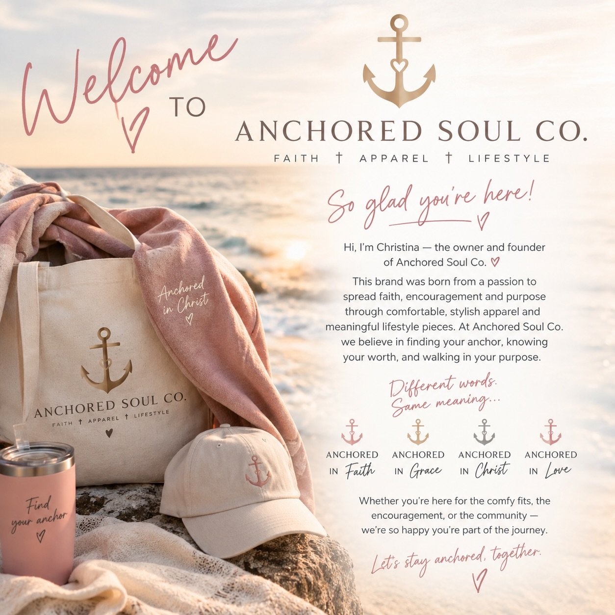 ⚓️🤍 WELCOME TO ANCHORED SOUL CO.! 🤍⚓️

I&rsquo;m so excited to officially welcome you to Anchored Soul Co. &mdash; a faith-inspired apparel &amp; lifestyle brand created with love, purpose, and a whole lot of heart. ✨

Hi, I&rsquo;m Christina (Chri
