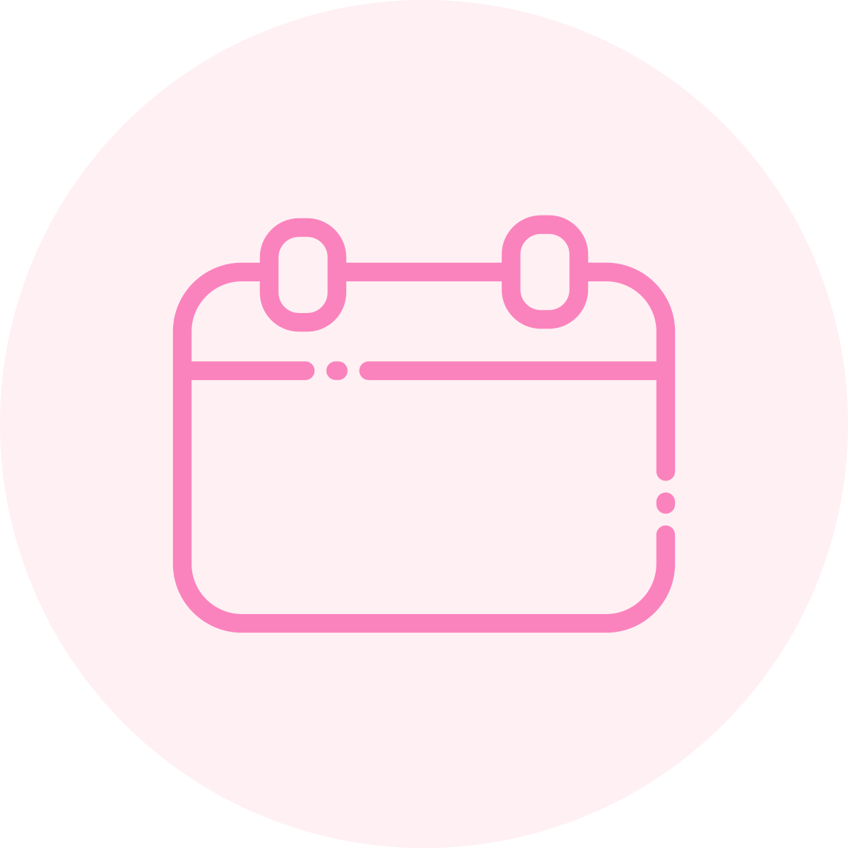 Outline of a rectangular handbag with a handle, in pink on a light pink circular background.