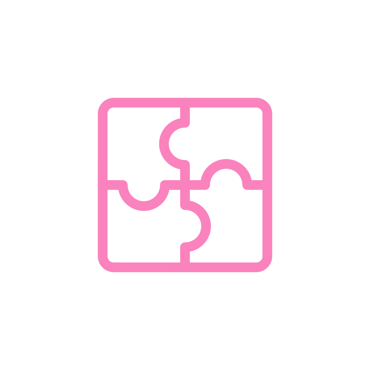 Pink outline of four interlocking puzzle pieces on a white background.