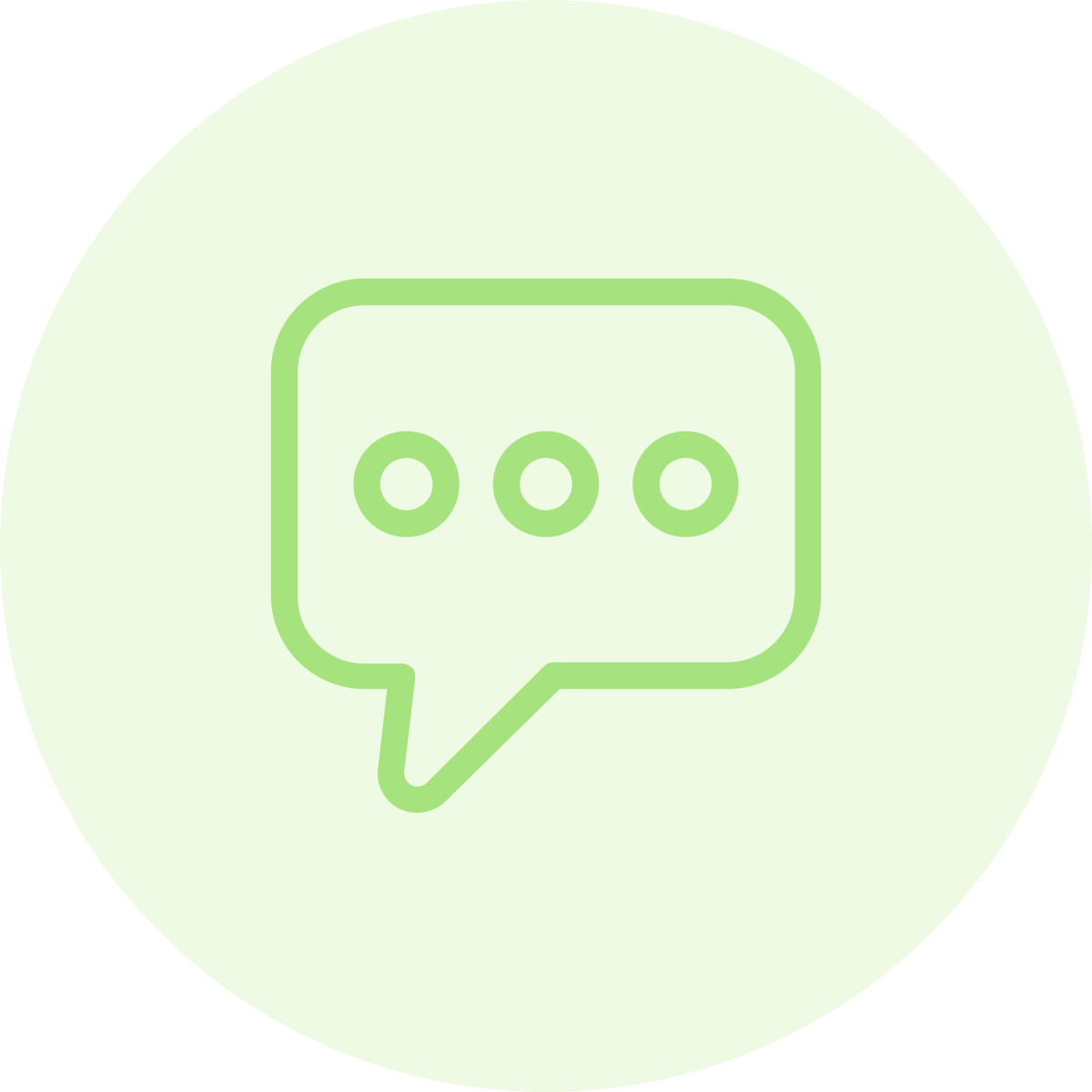 Green speech bubble icon with three dots inside, indicating messaging or chat, on a light green circular background.