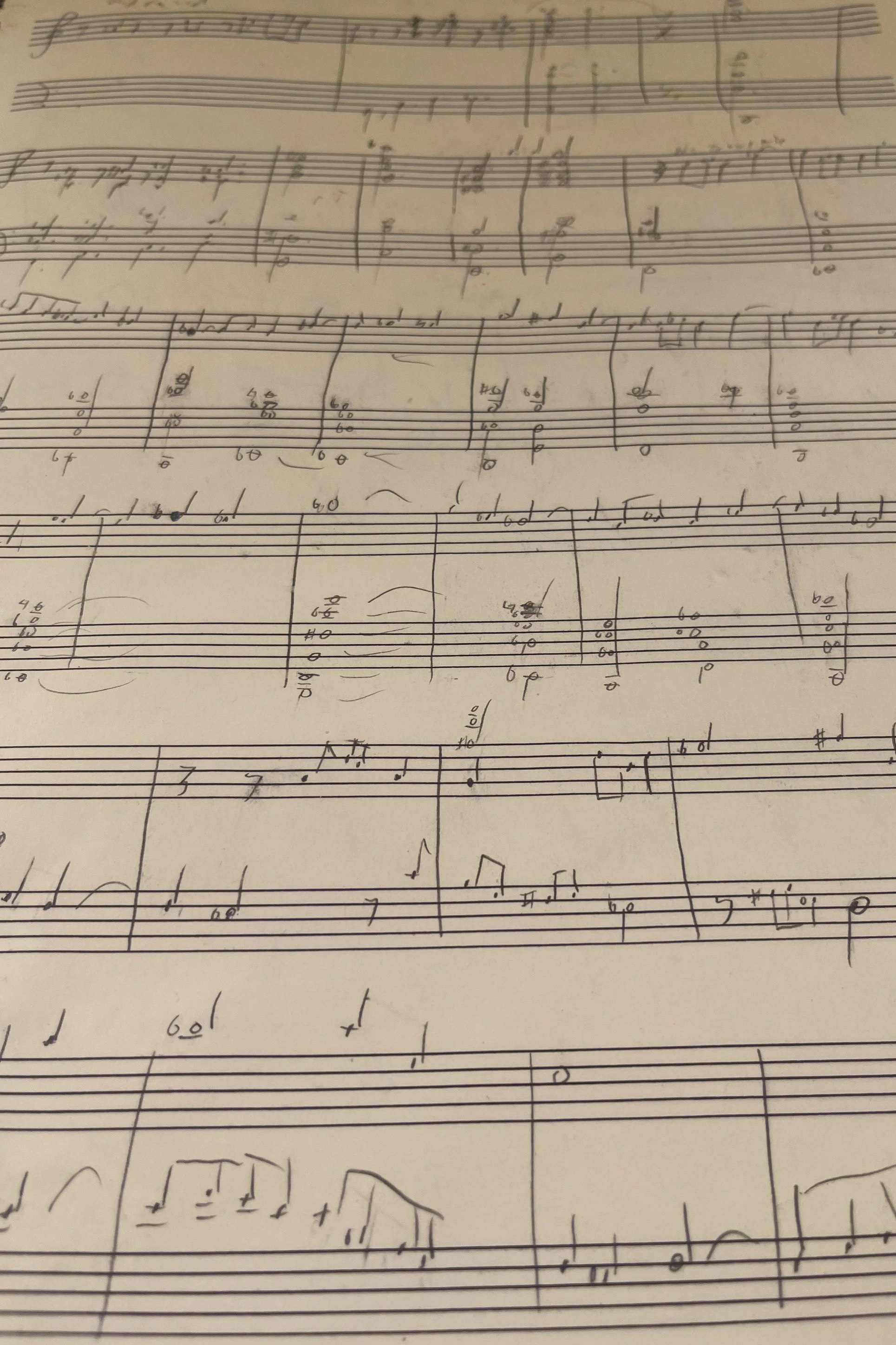 Handwritten sheet of music with musical notes, chords, and annotations on multiple lines.