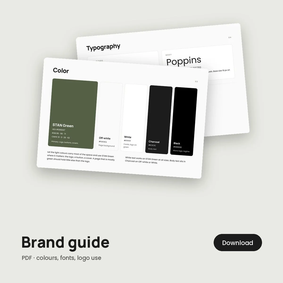 A digital brand guide PDF displayed with color and typography pages, featuring a green color swatch labeled 'STAN Green', and black and white color options, with a 'Download' button.
