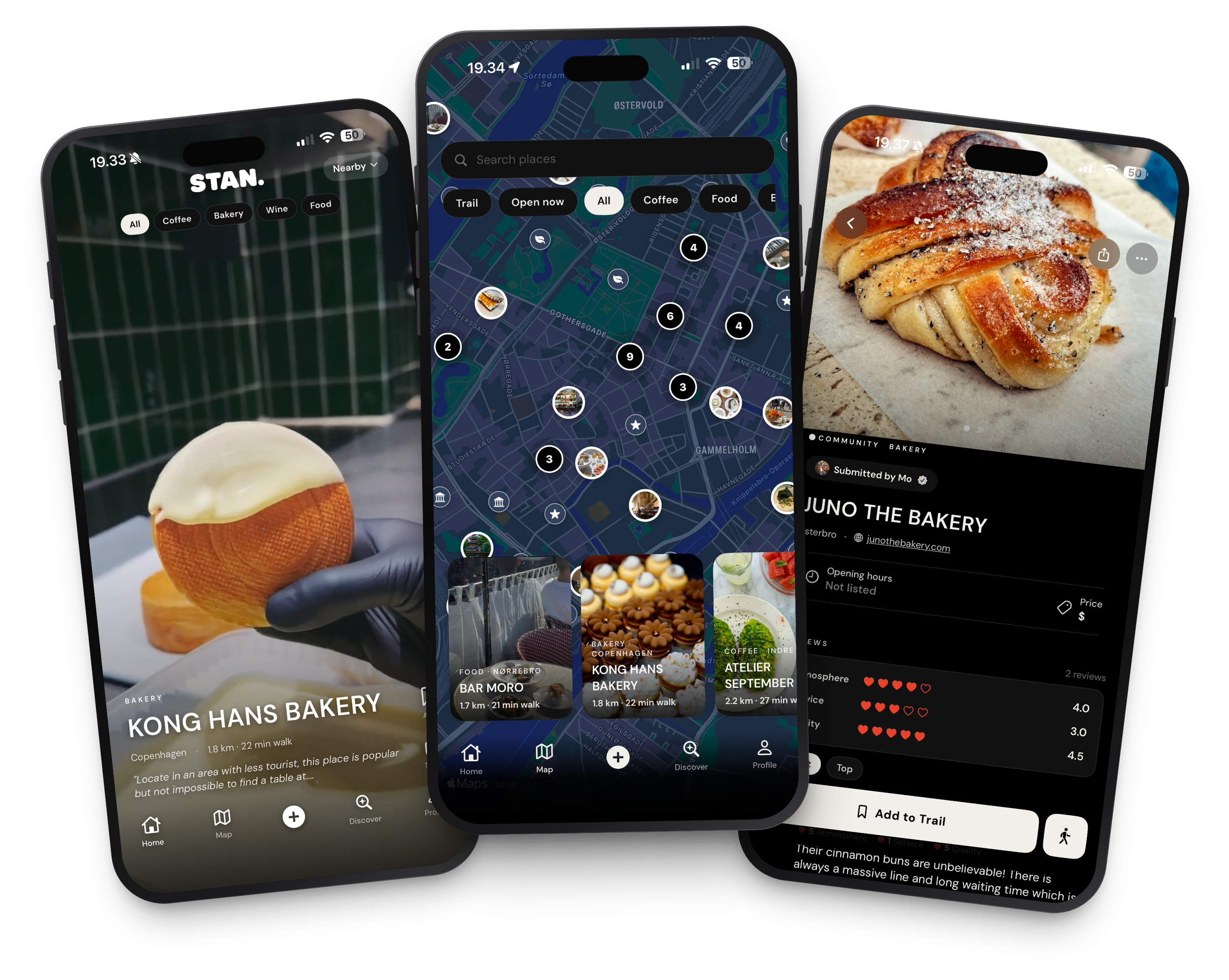 Screenshot of a mobile app showing various features including a map with nearby places, a list of bakeries, and an image of a cinnamon roll with icing.
